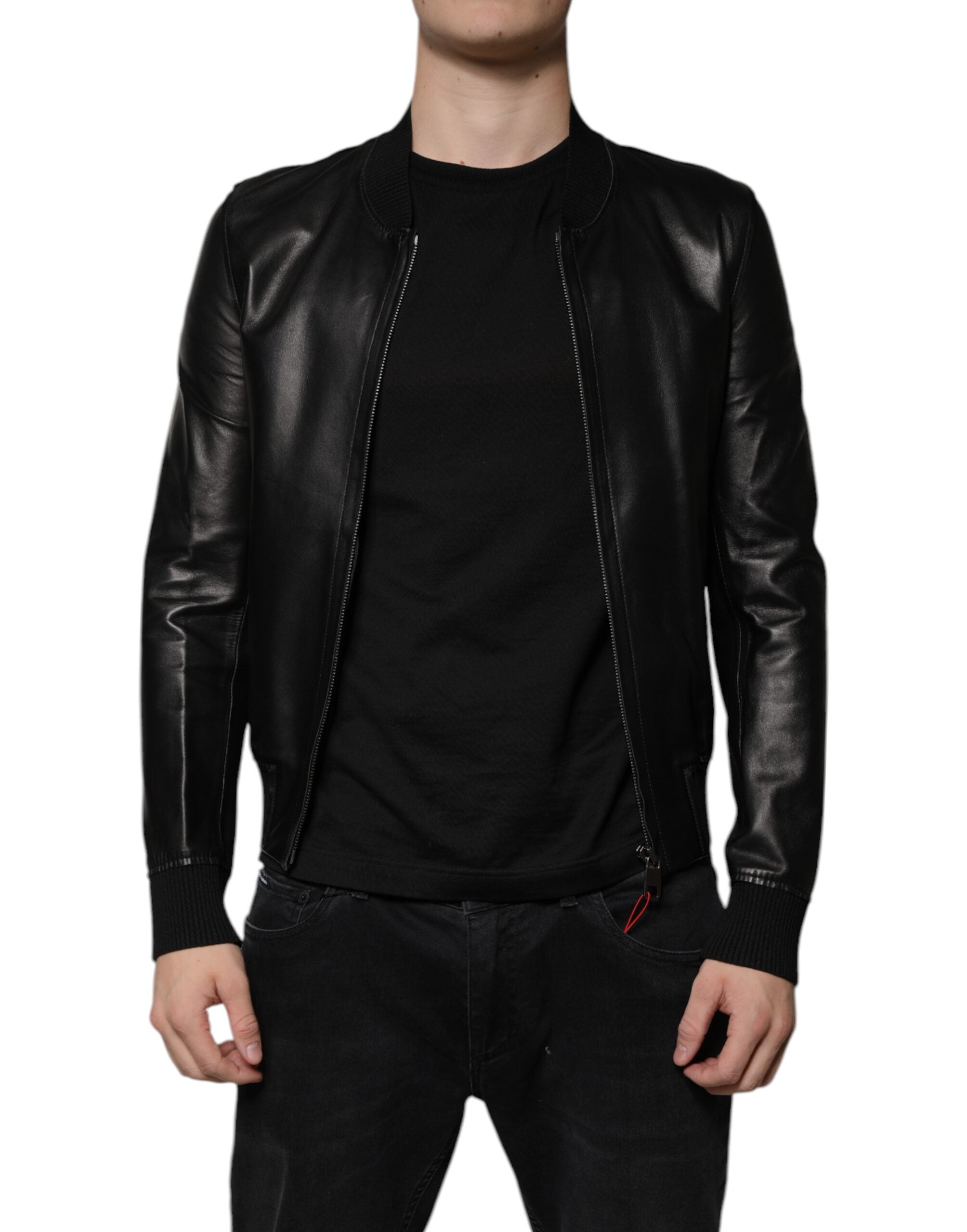 Dolce & Gabbana Black Lambskin Full Zip Biker Blouson Men's Jacket (Pre-Owned)