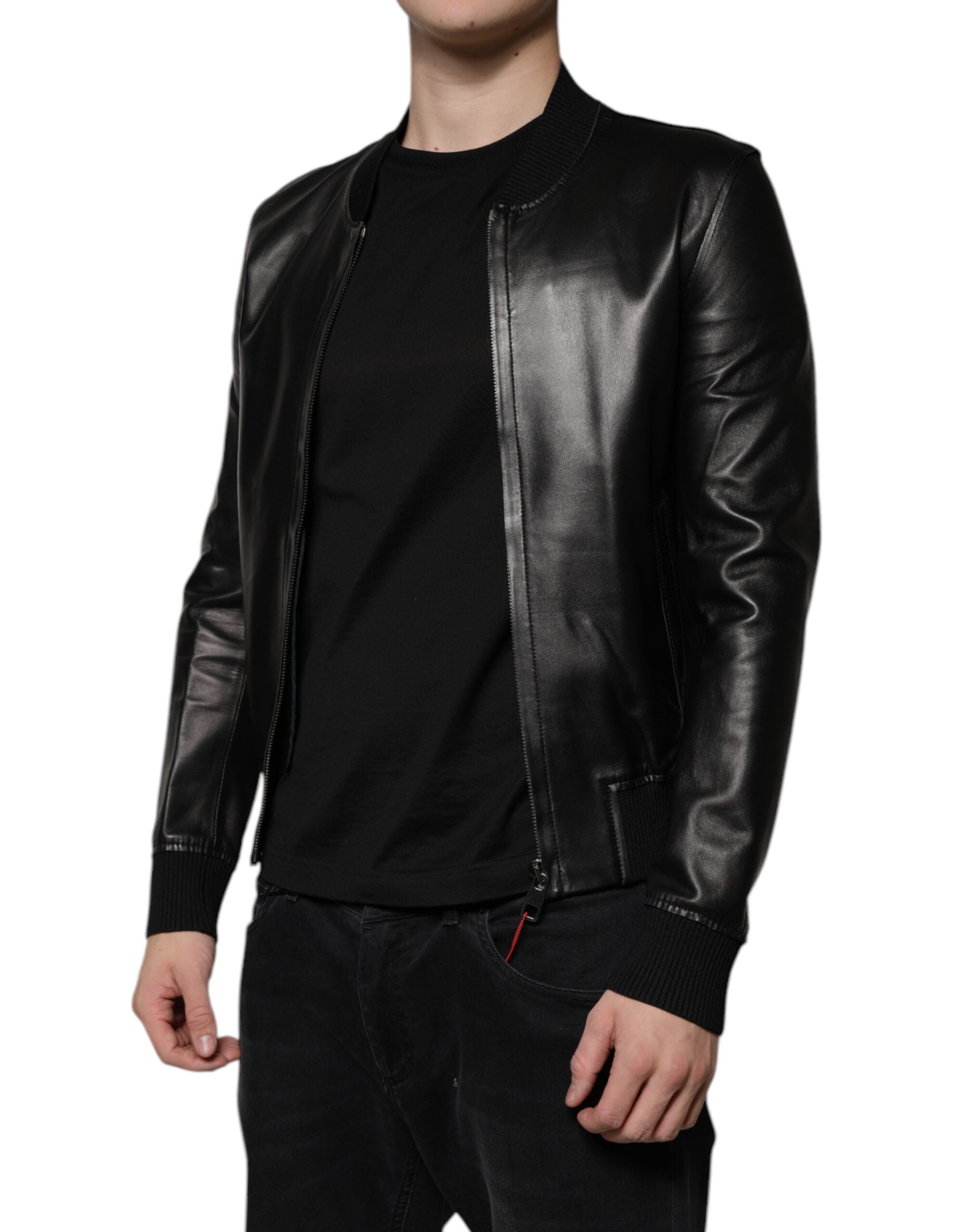 Dolce & Gabbana Black Lambskin Full Zip Biker Blouson Men's Jacket (Pre-Owned)