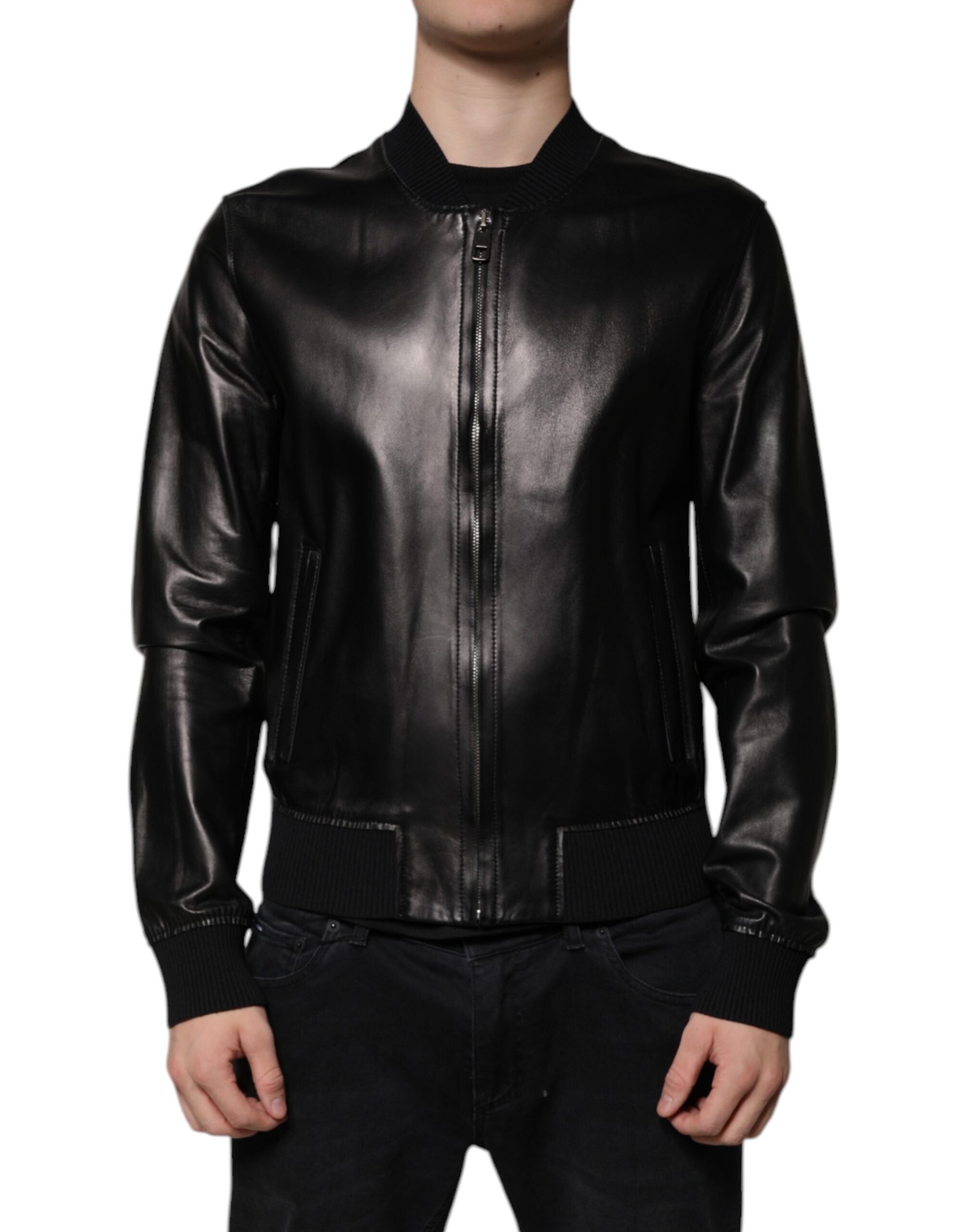 Dolce & Gabbana Black Leather Full Zip Biker Blouson Men's Jacket (Pre-Owned)