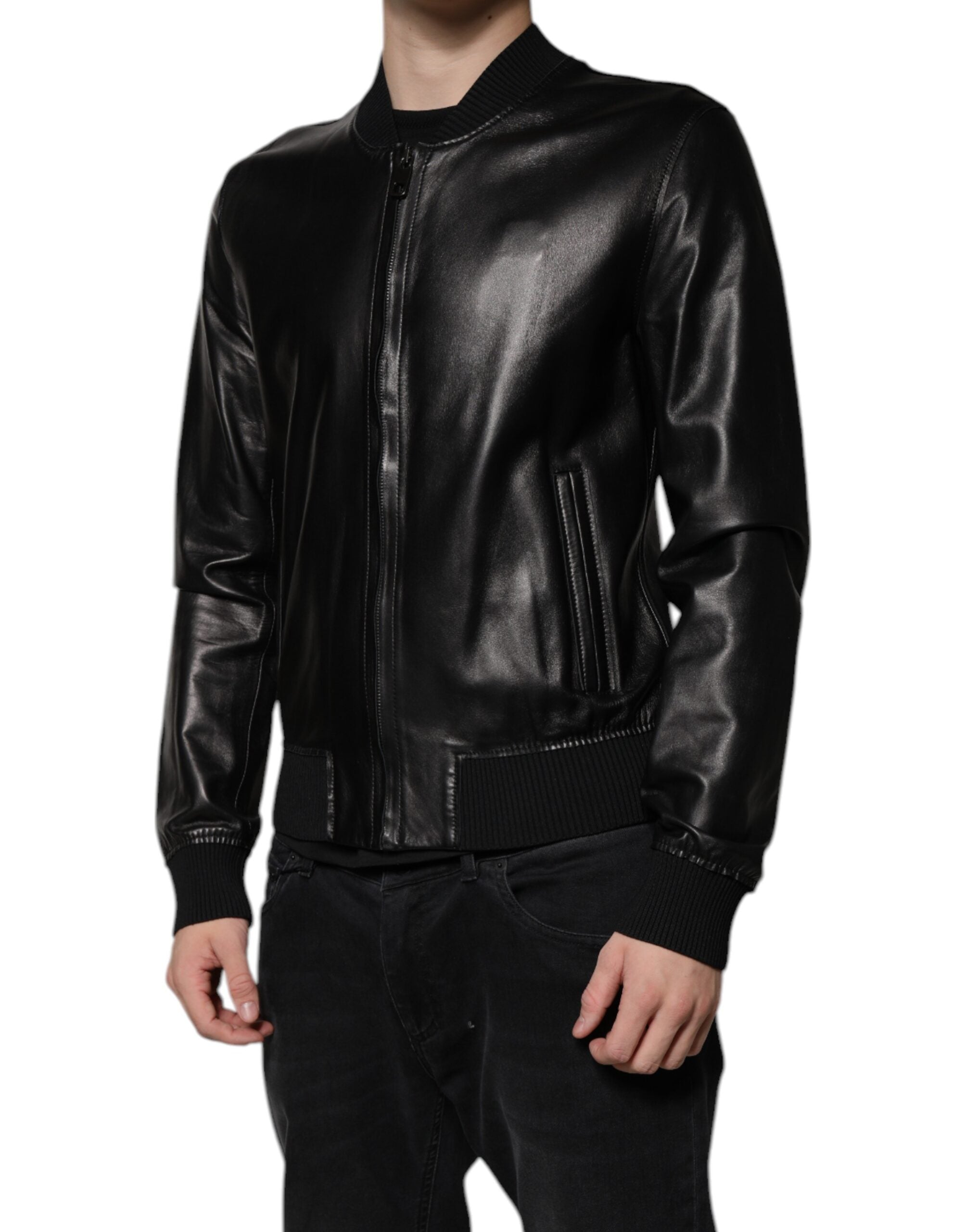 Dolce & Gabbana Black Leather Full Zip Biker Blouson Men's Jacket (Pre-Owned)