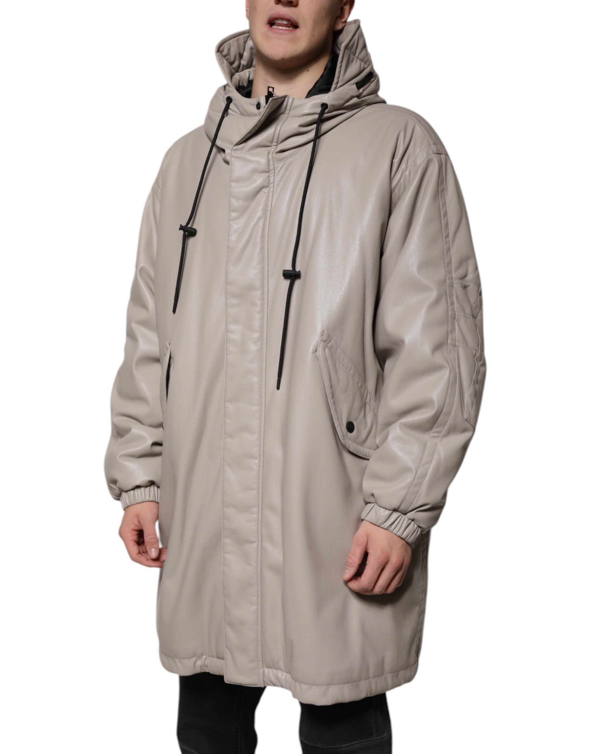 MSGM Beige Full Zip Hooded Long Sleeves Casual Coat Men's Jacket (Pre-Owned)