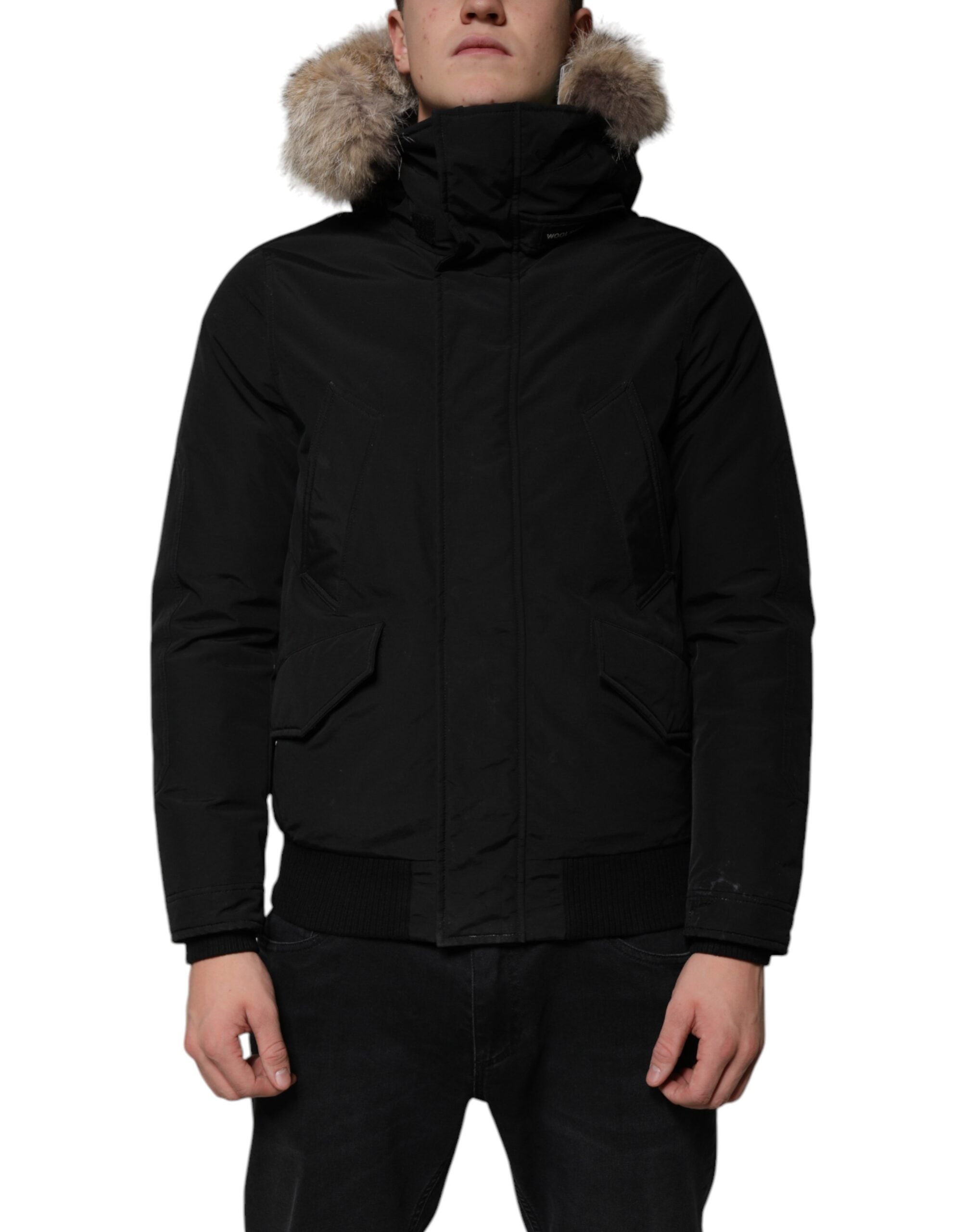 Woolrich Black Hooded Long Sleeves Fur Shearling Coat Men's Jacket (Pre-Owned)