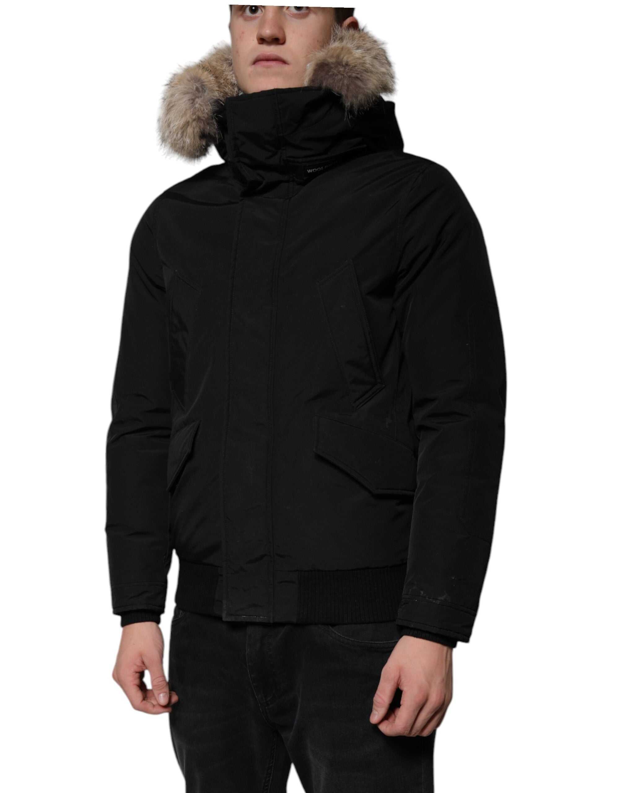 Woolrich Black Hooded Long Sleeves Fur Shearling Coat Men's Jacket (Pre-Owned)