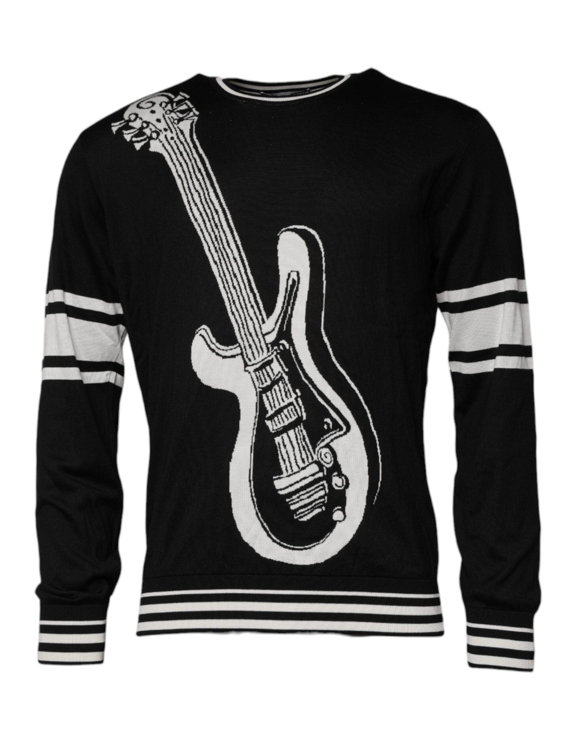 Dolce & Gabbana Black White Guitar Silk Crew Neck Men's Sweater