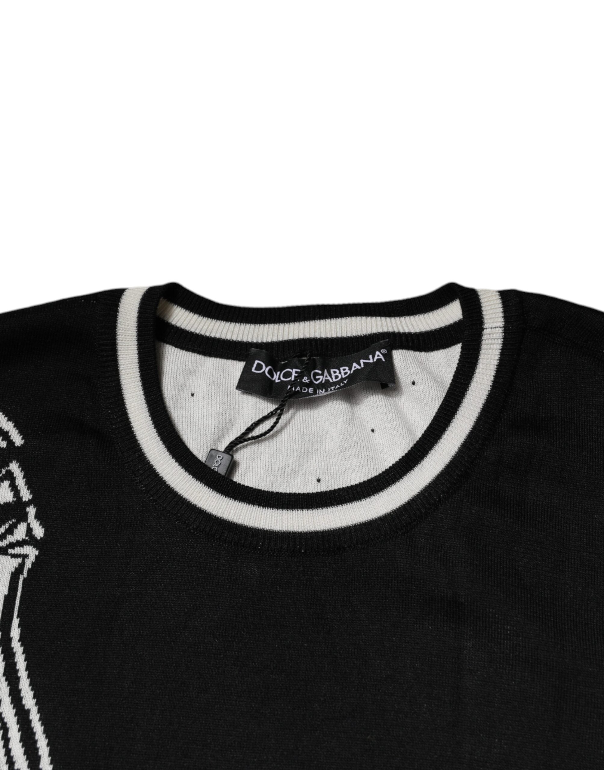 Dolce & Gabbana Black White Guitar Silk Crew Neck Men's Sweater