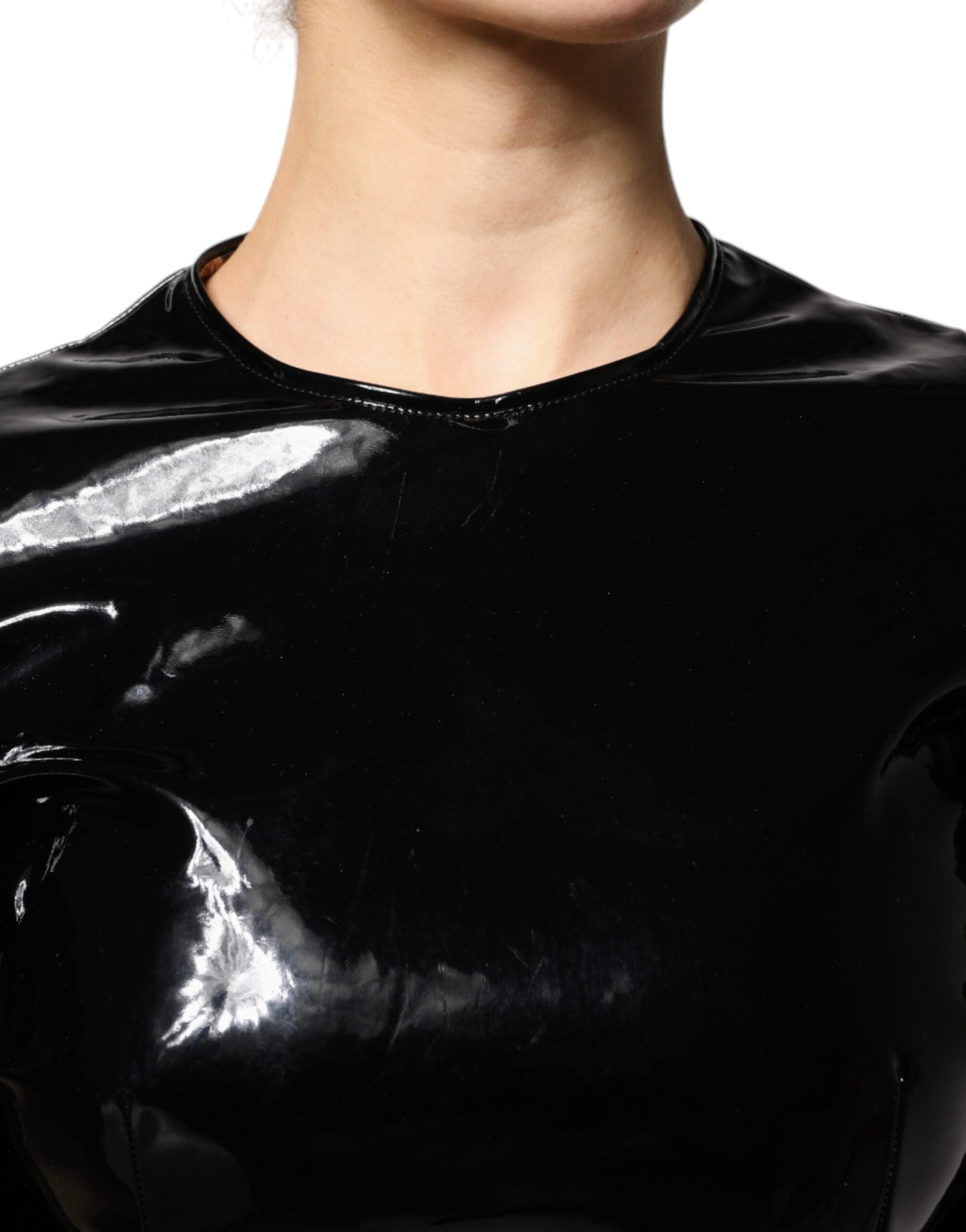 Dolce & Gabbana Black Patent Leather Puff Sleeves Mini Women's Dress