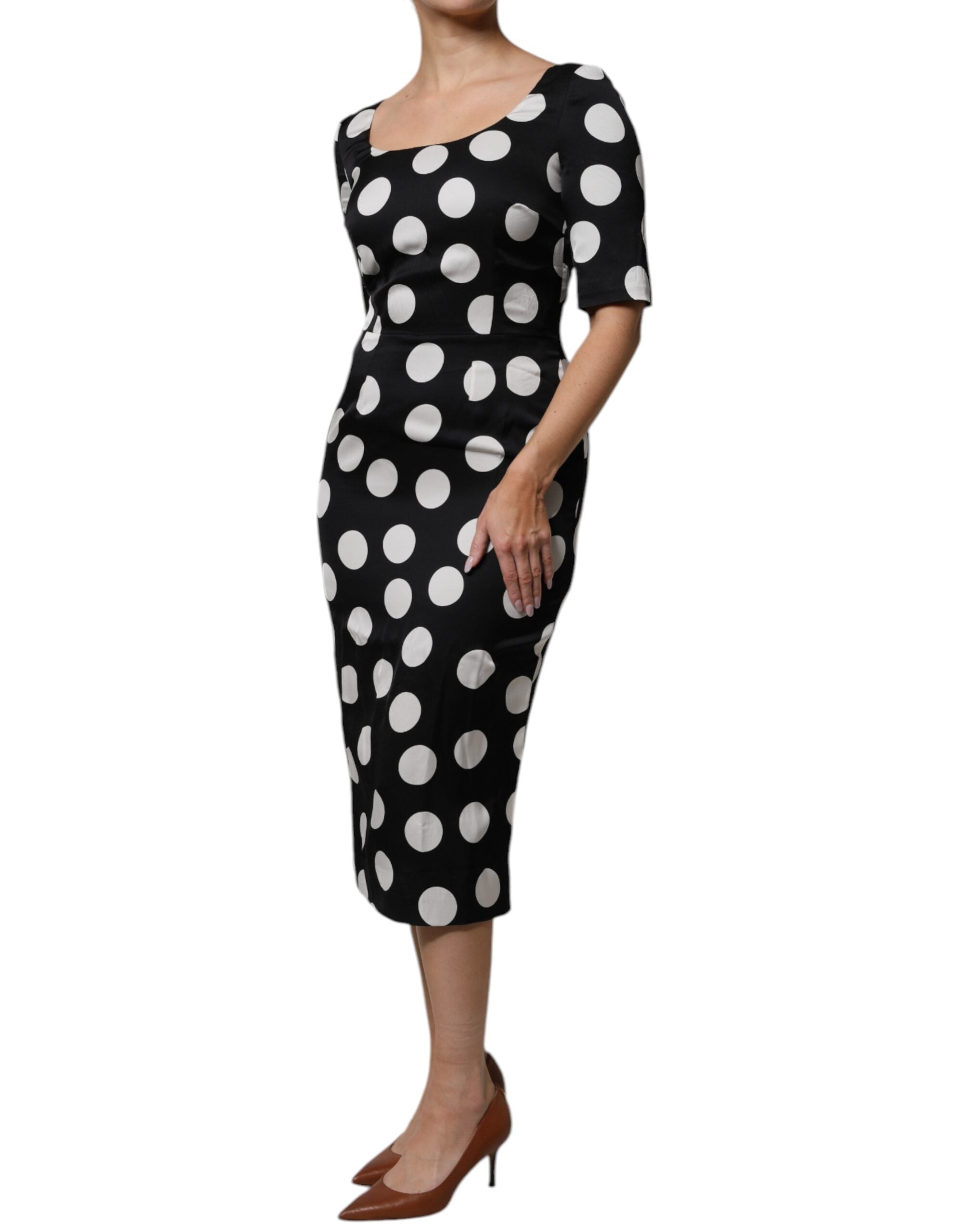 Dolce & Gabbana Black White Silk Polka Dots Sheath Midi Women's Dress (Pre-Owned)