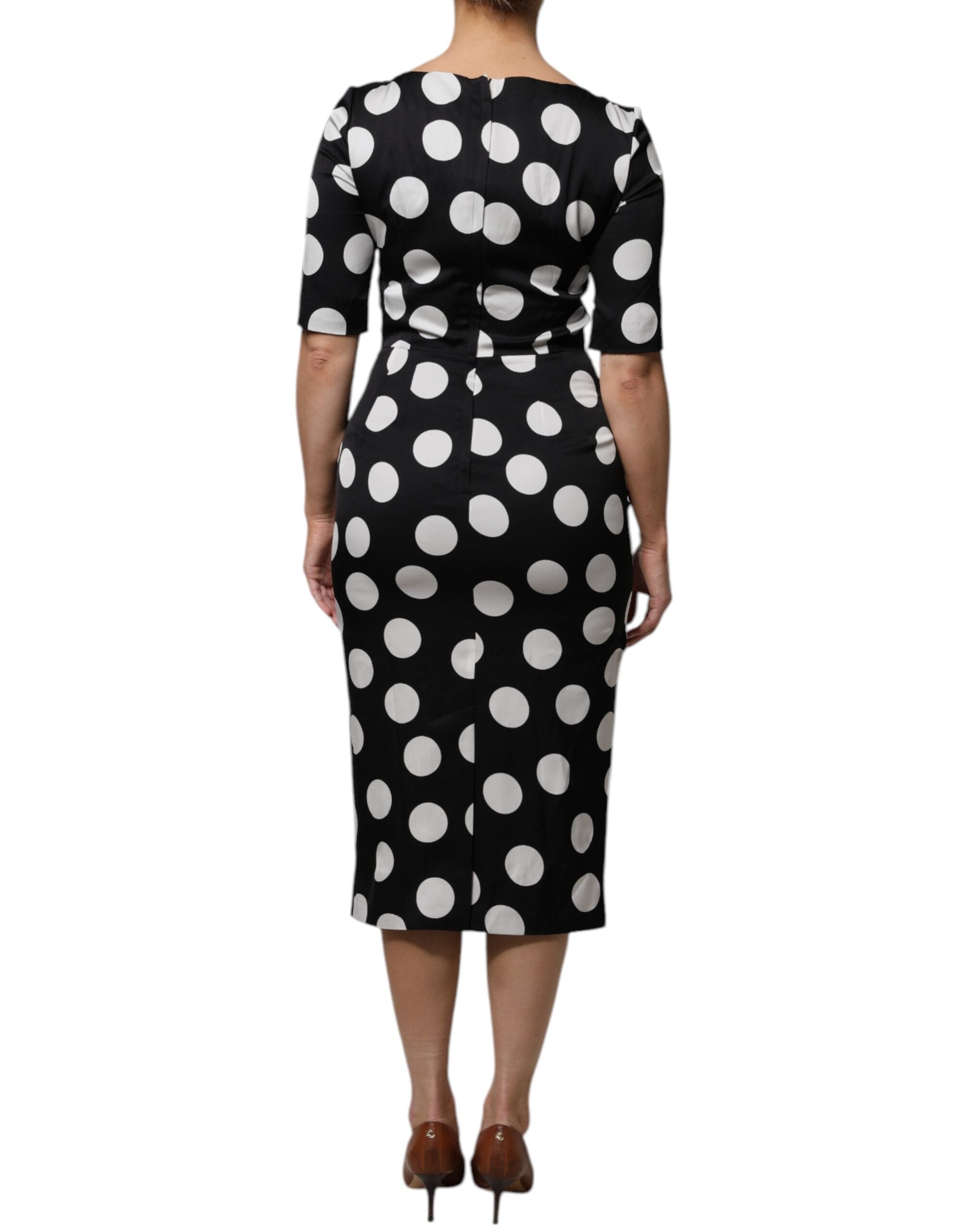 Dolce & Gabbana Black White Silk Polka Dots Sheath Midi Women's Dress (Pre-Owned)