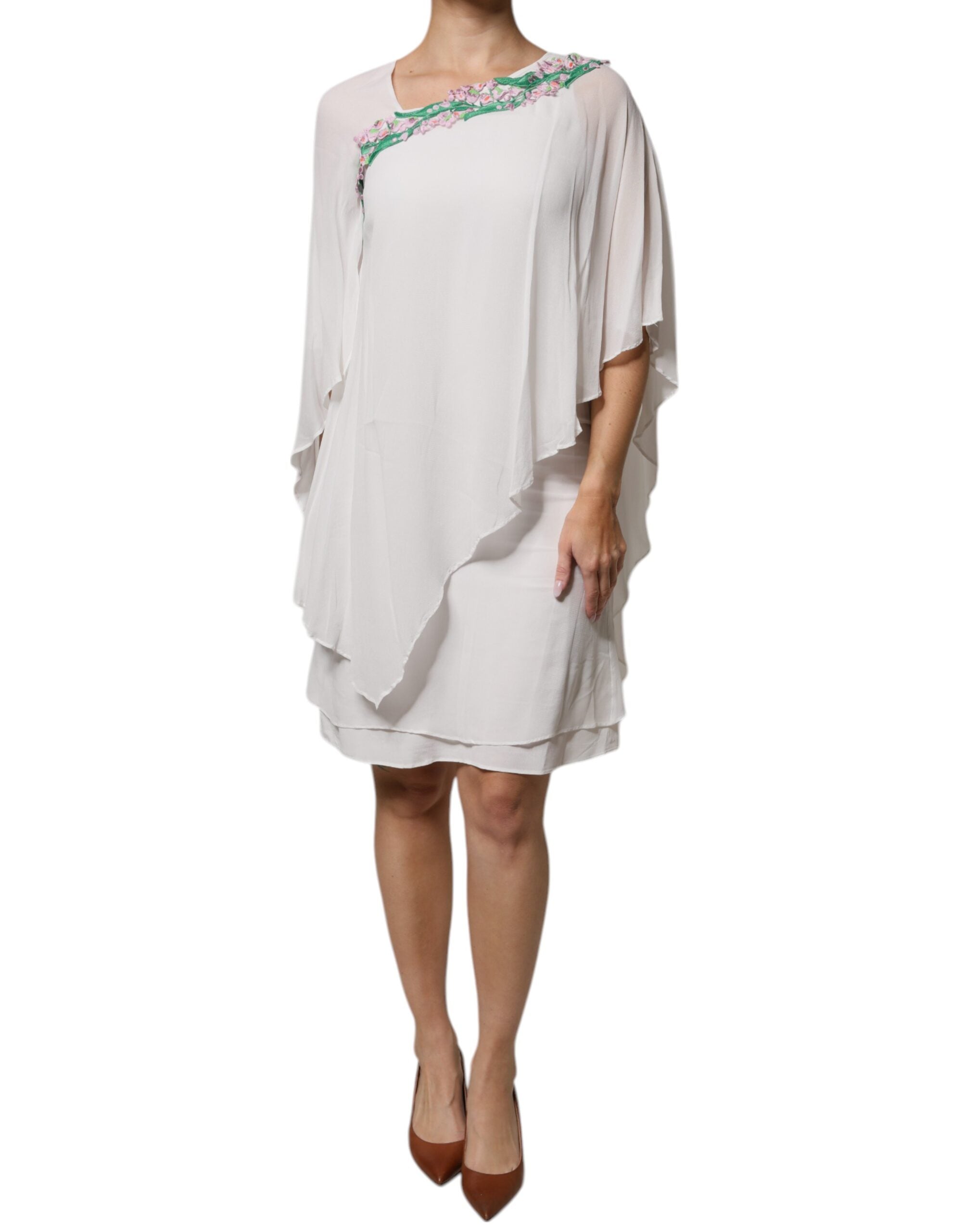 Blumarine White Floral Embroidery Viscose Chiffon Shift Women's Dress