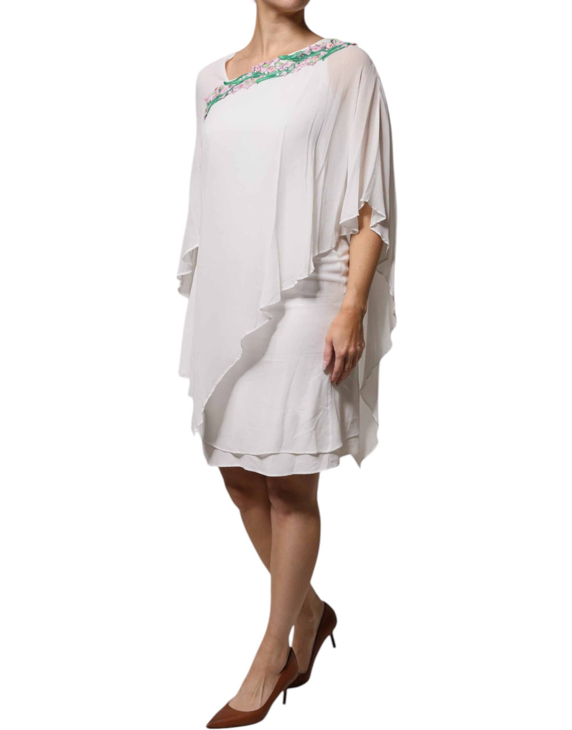 Blumarine White Floral Embroidery Viscose Chiffon Shift Women's Dress