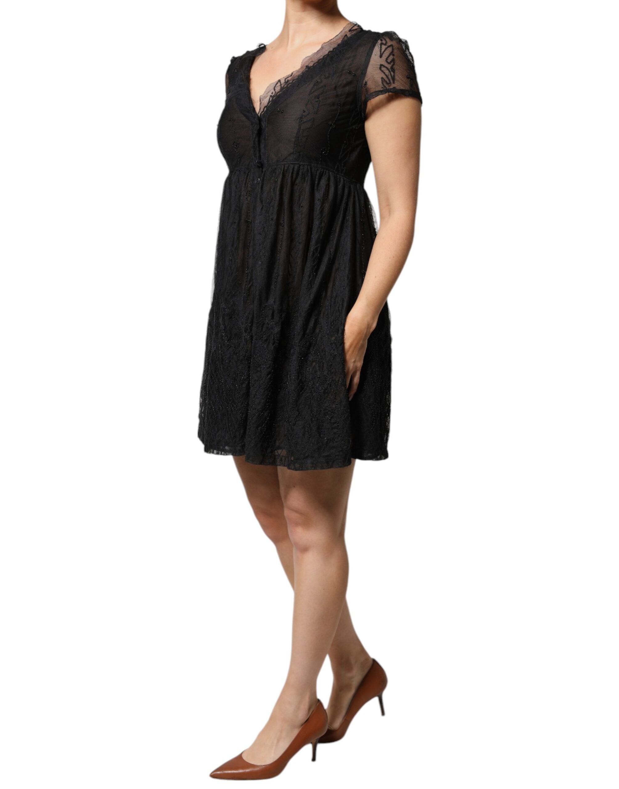Blugirl Black Short Sleeves Floral Lace Trim A-line Mini Women's Dress (Pre-Owned)