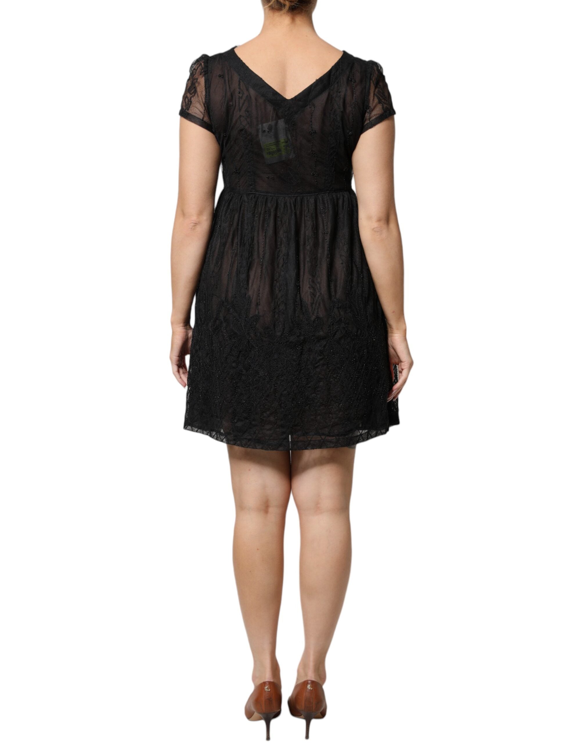 Blugirl Black Short Sleeves Floral Lace Trim A-line Mini Women's Dress (Pre-Owned)