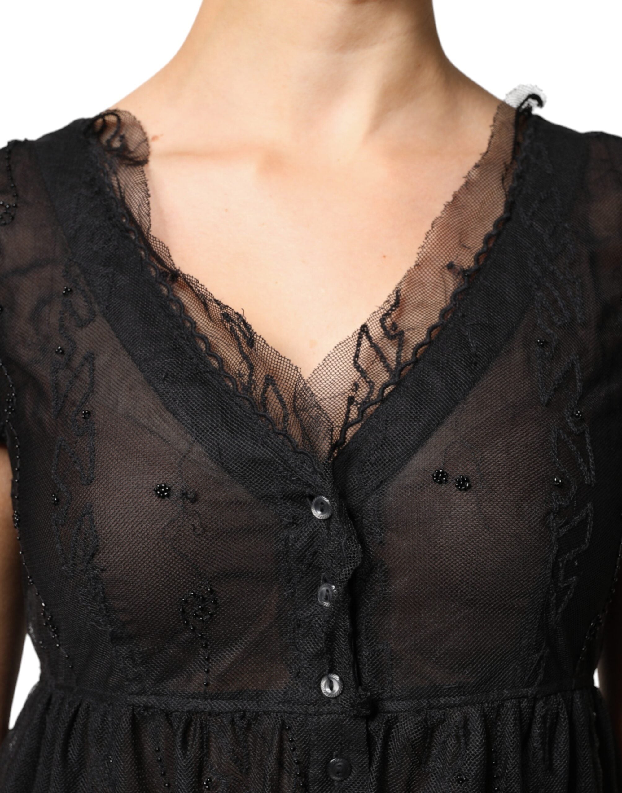 Blugirl Black Short Sleeves Floral Lace Trim A-line Mini Women's Dress (Pre-Owned)