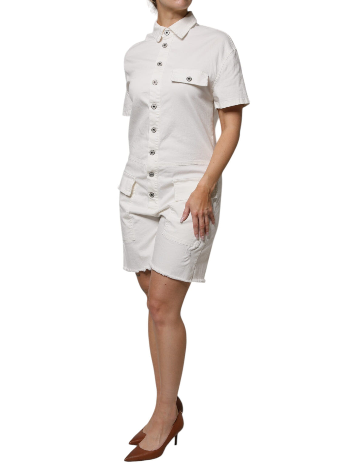 Please White Cotton Short Sleeves Button Down Romper Women's Dress
