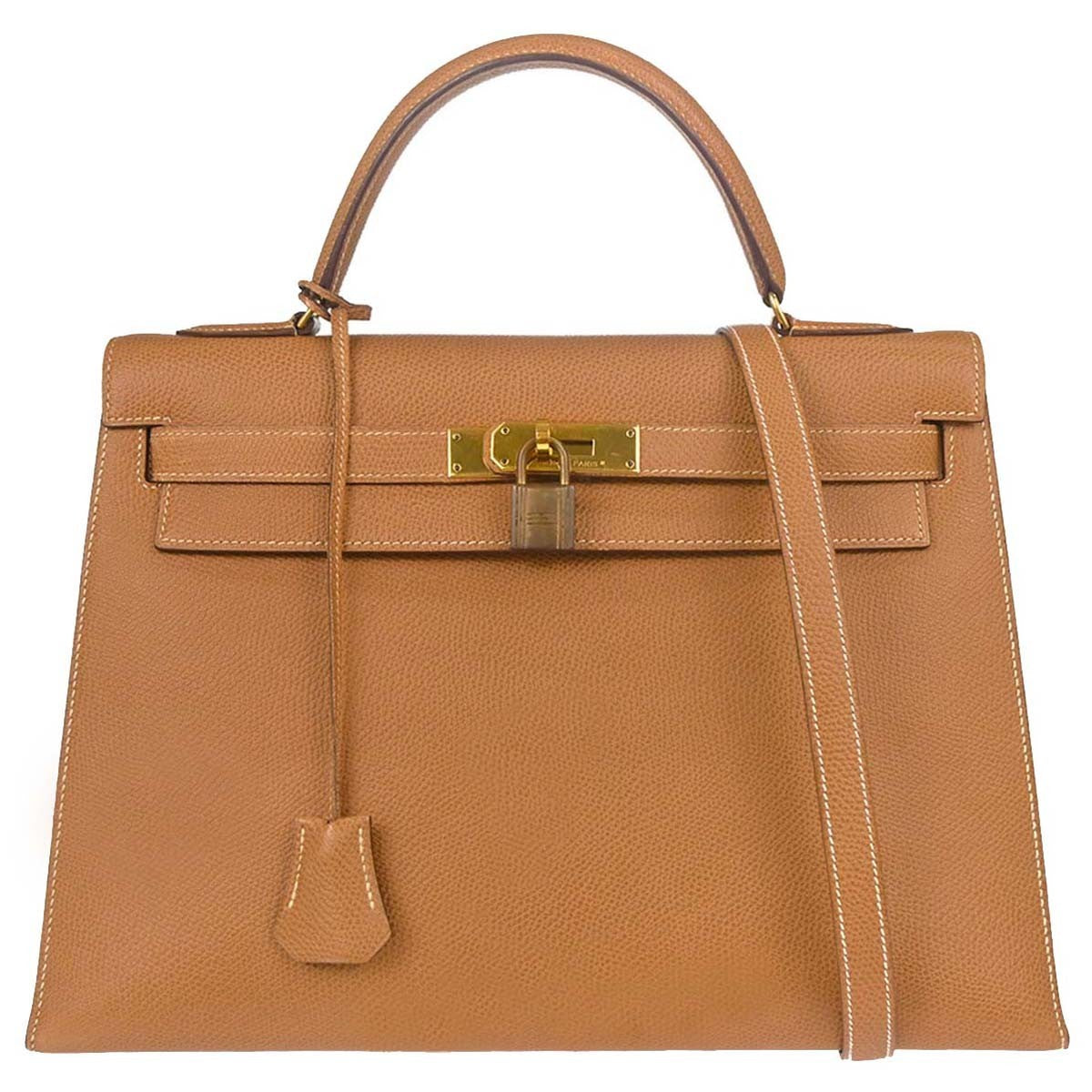 Hermes Kelly Brown Courchevel With Gold Hardware Beige Calfskin Handbag (Pre-Owned)
