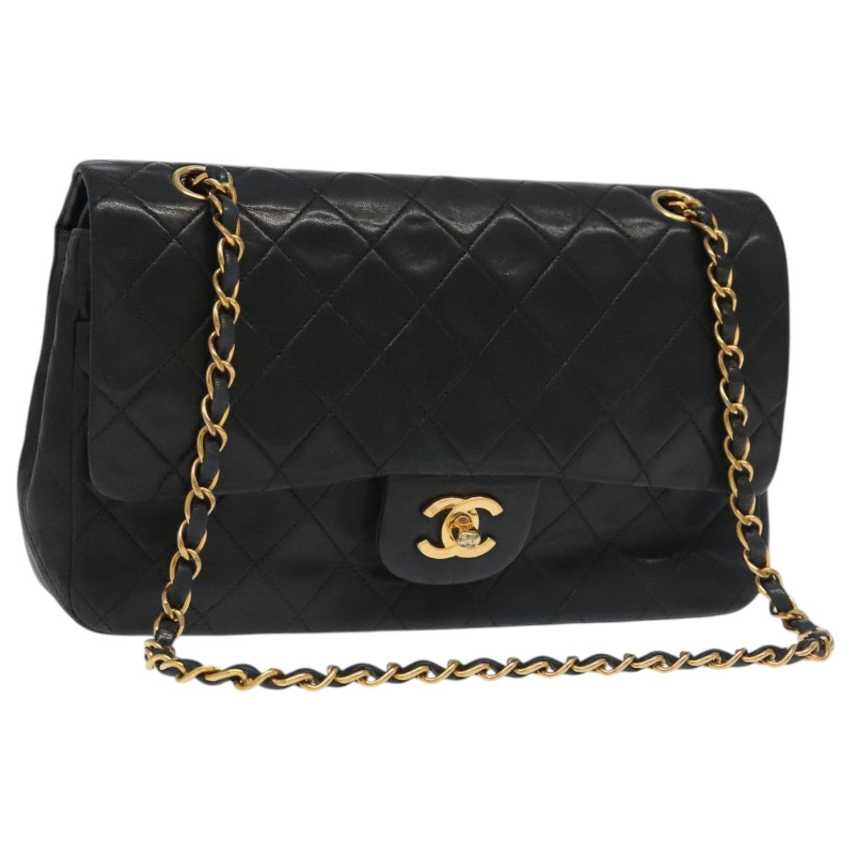 Chanel Vintage Classic Double Flap Quilted Lambskin Black Leather Shoulder Bag Bag (Pre-Owned)