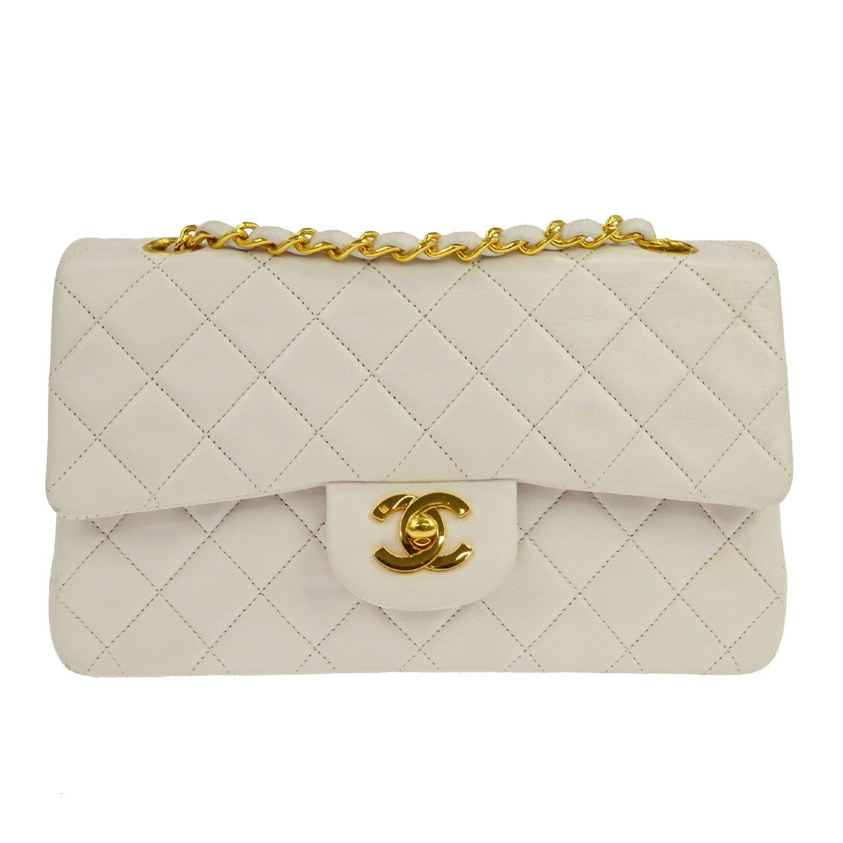 Chanel Vintage Classic Double Flap Quilted Lambskin White Leather Handbag (Pre-Owned)