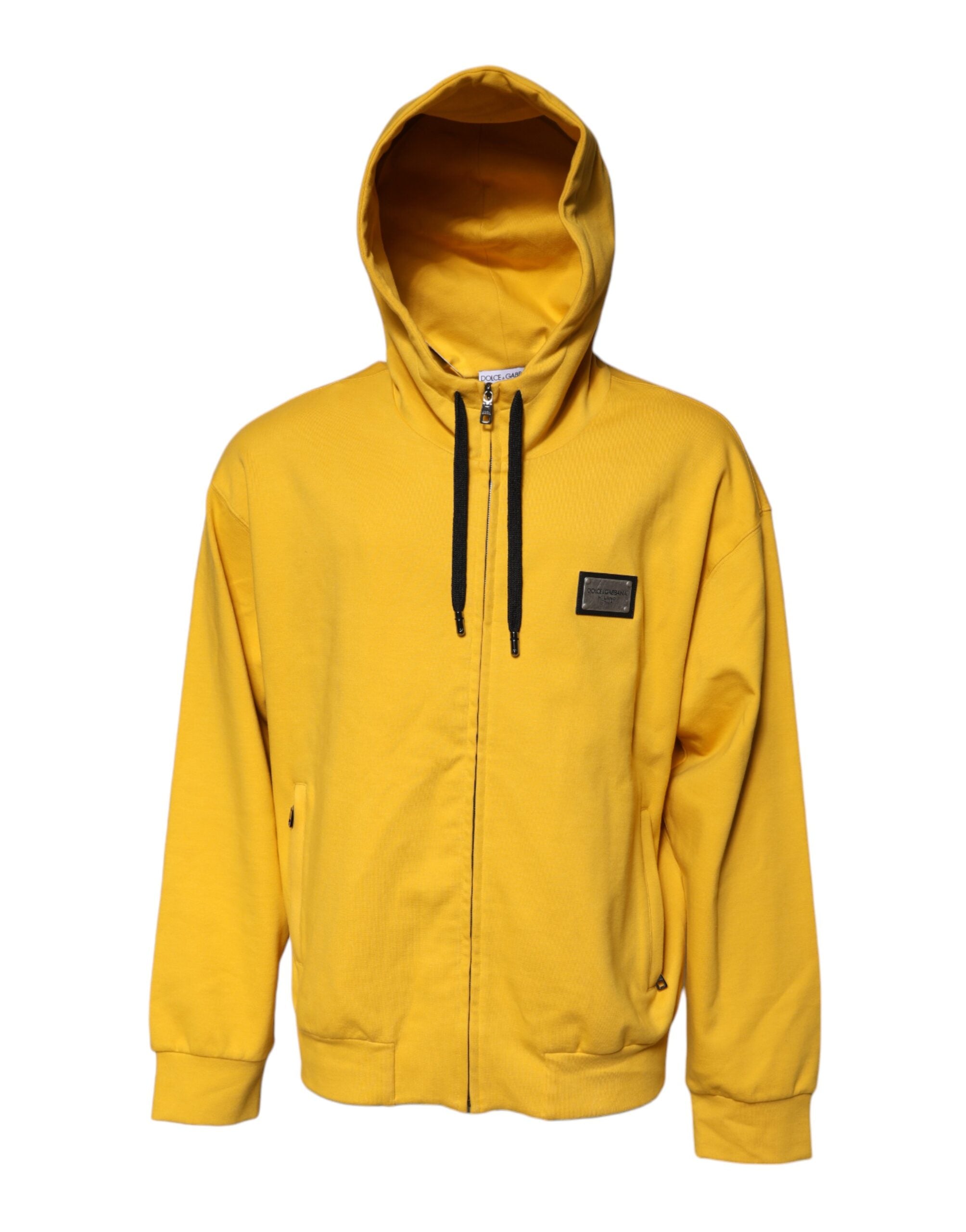 Dolce & Gabbana Yellow Logo Plaque Hooded Full Zip Men's Sweater