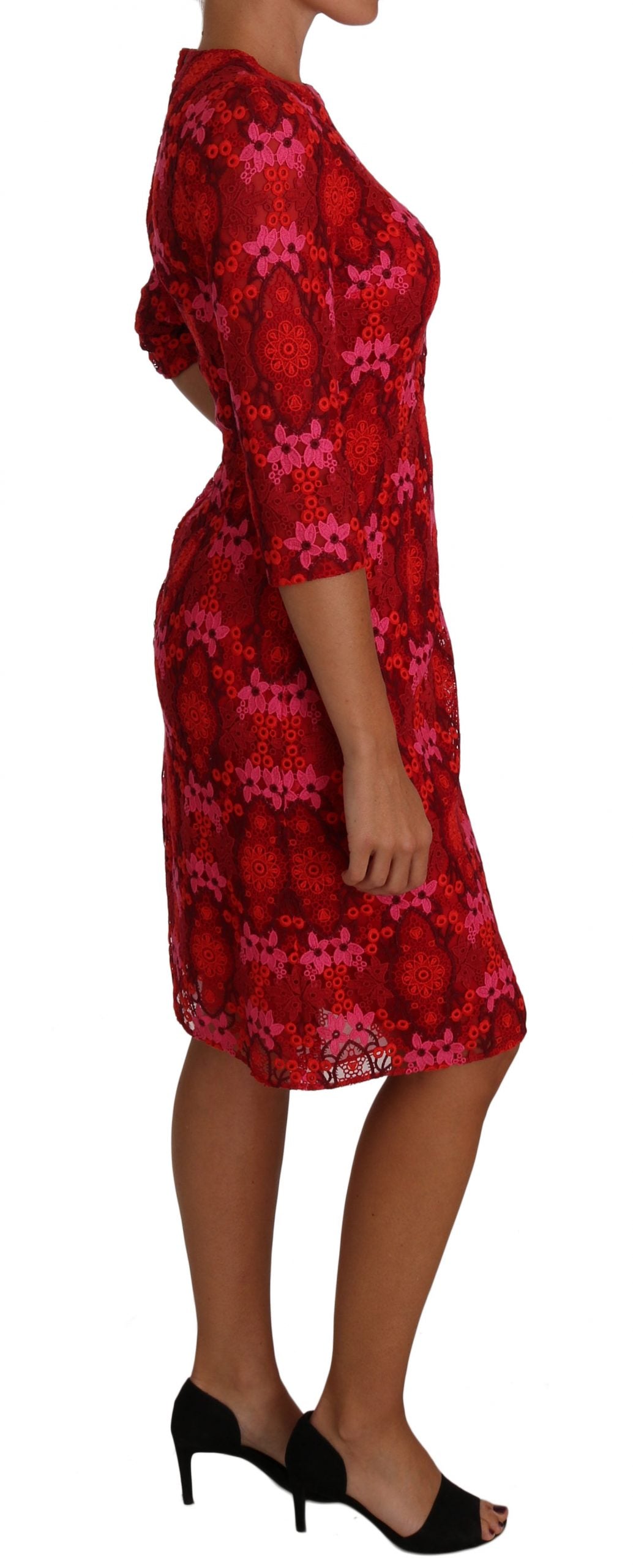 Dolce & Gabbana Floral Crochet Lace Red Pink Sheath Women's Dress