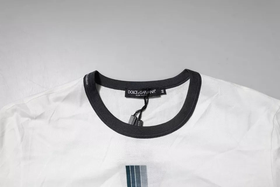 Dolce & Gabbana White Blue Logo Cotton Men Crew Neck Men's T-shirt