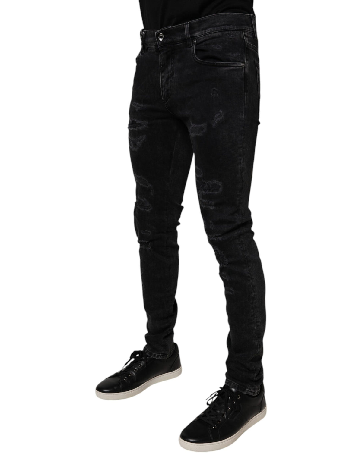 Dolce & Gabbana Black Tattered Cotton Skinny Men Denim Men's Jeans
