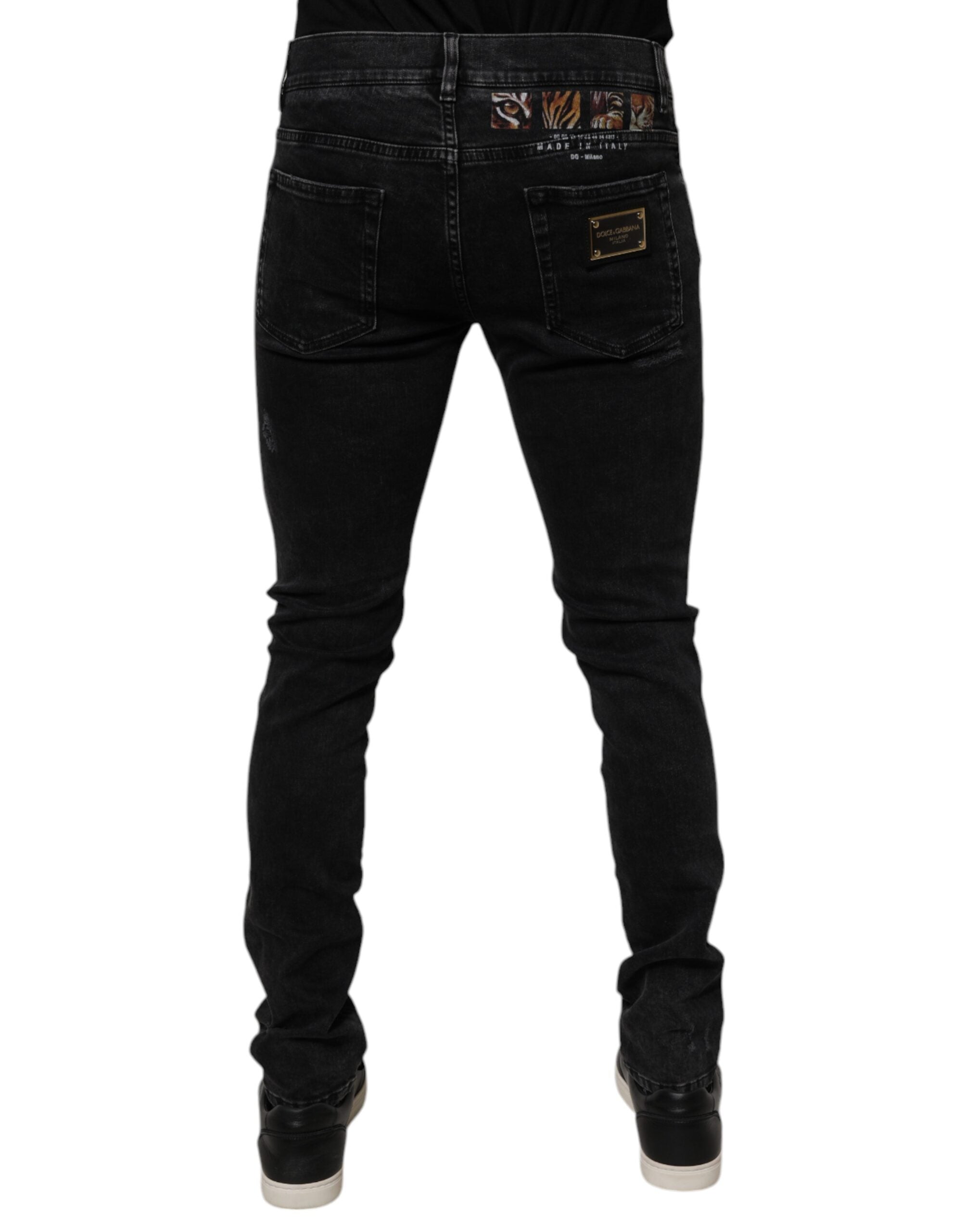 Dolce & Gabbana Black Tattered Cotton Skinny Men Denim Men's Jeans