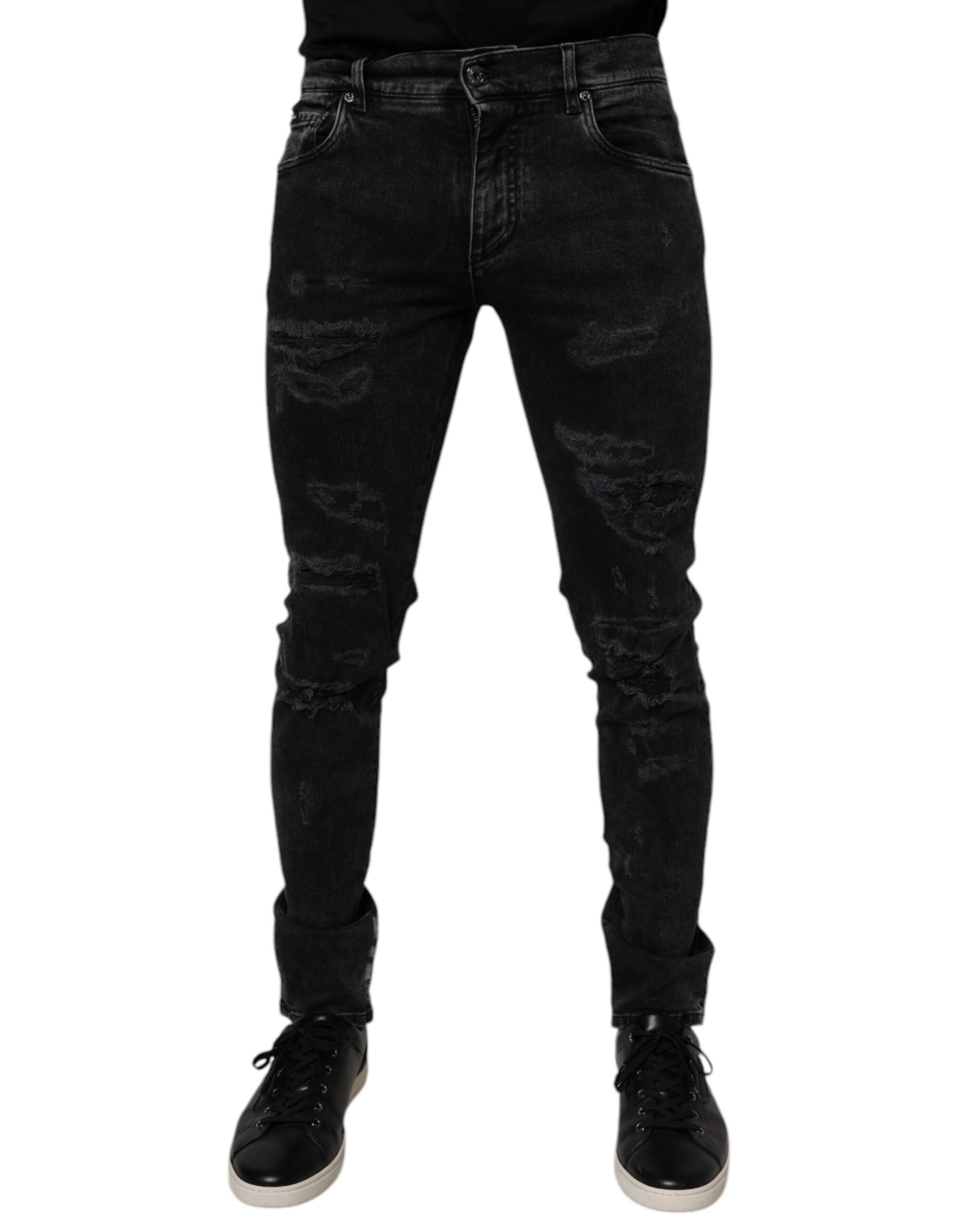 Dolce & Gabbana Black Tattered Cotton Skinny Men Denim Men's Jeans (Pre-Owned)