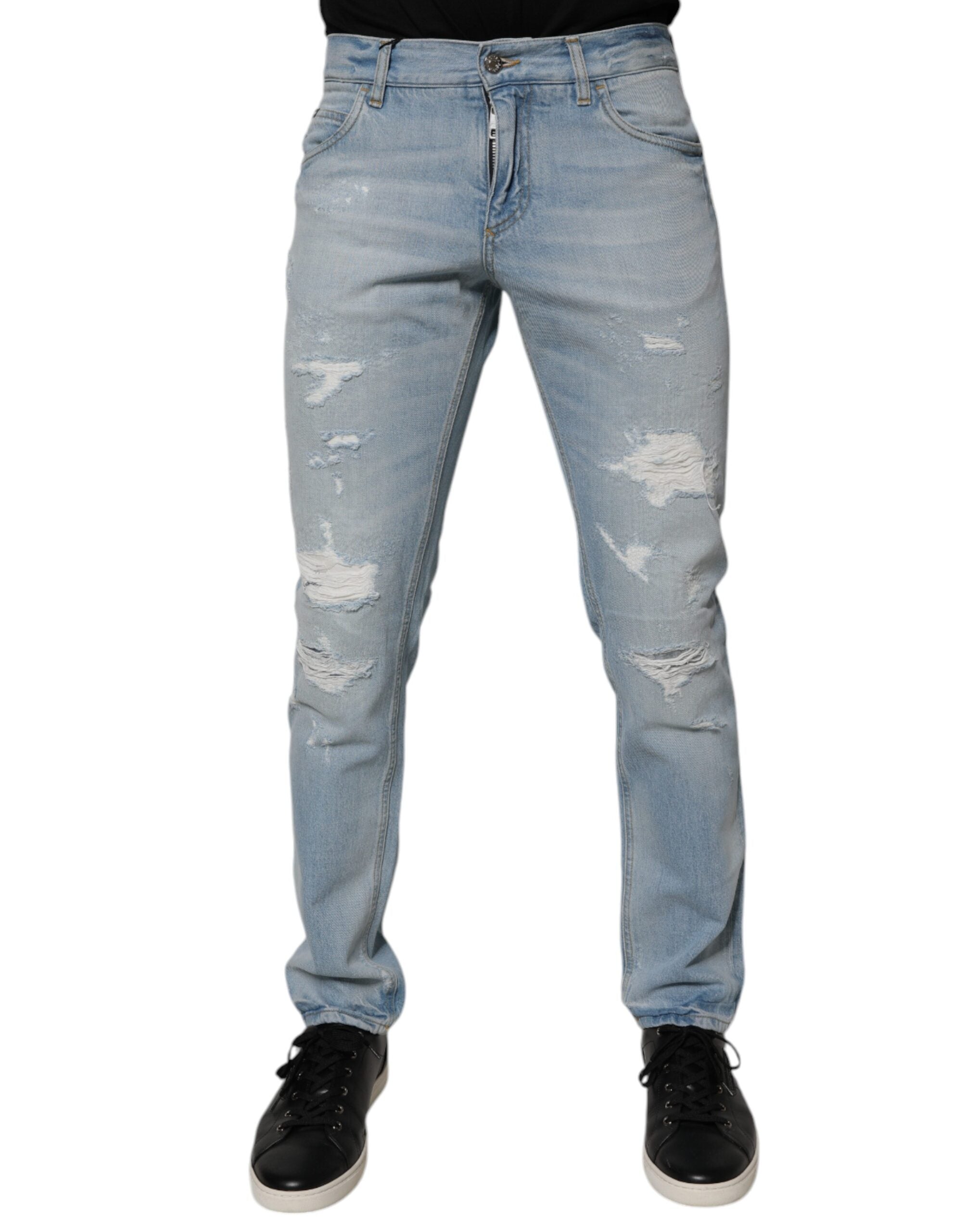 Dolce & Gabbana Light Blue Tattered Logo Skinny Denim Men's Jeans
