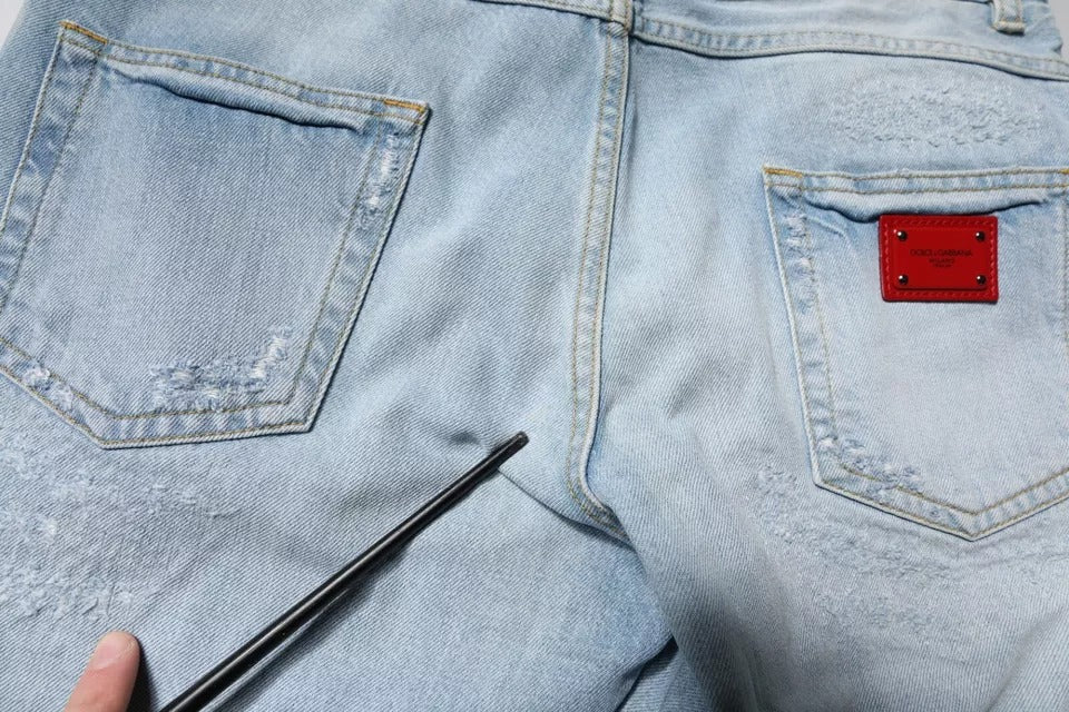 Dolce & Gabbana Light Blue Tattered Logo Skinny Denim Men's Jeans