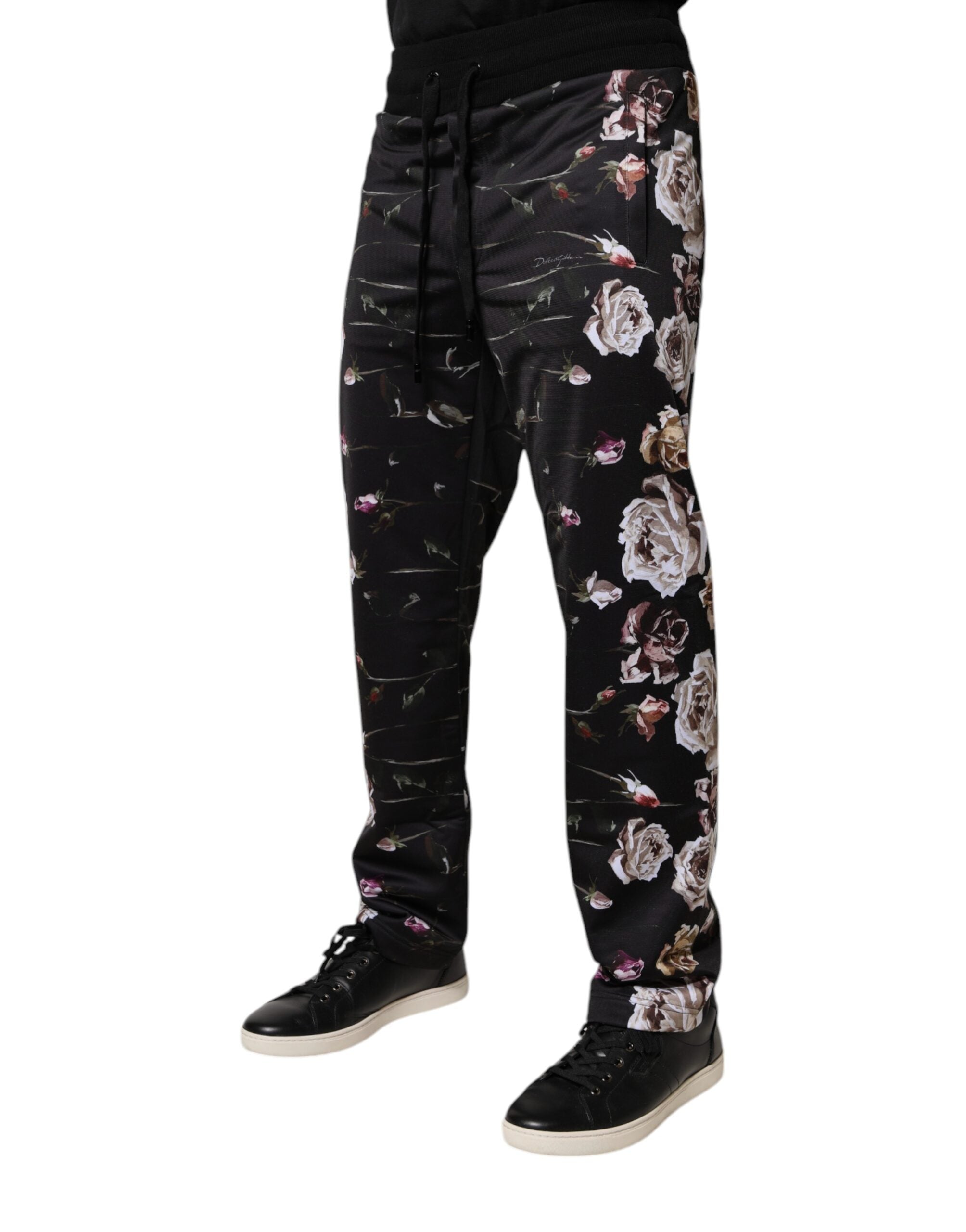 Dolce & Gabbana Black Floral Polyester Jogger Men's Pants