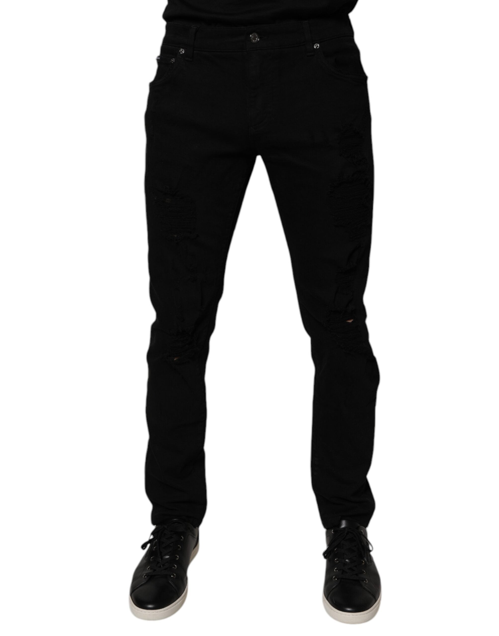 Dolce & Gabbana Black Tattered Cotton Skinny Men Denim Men's Jeans