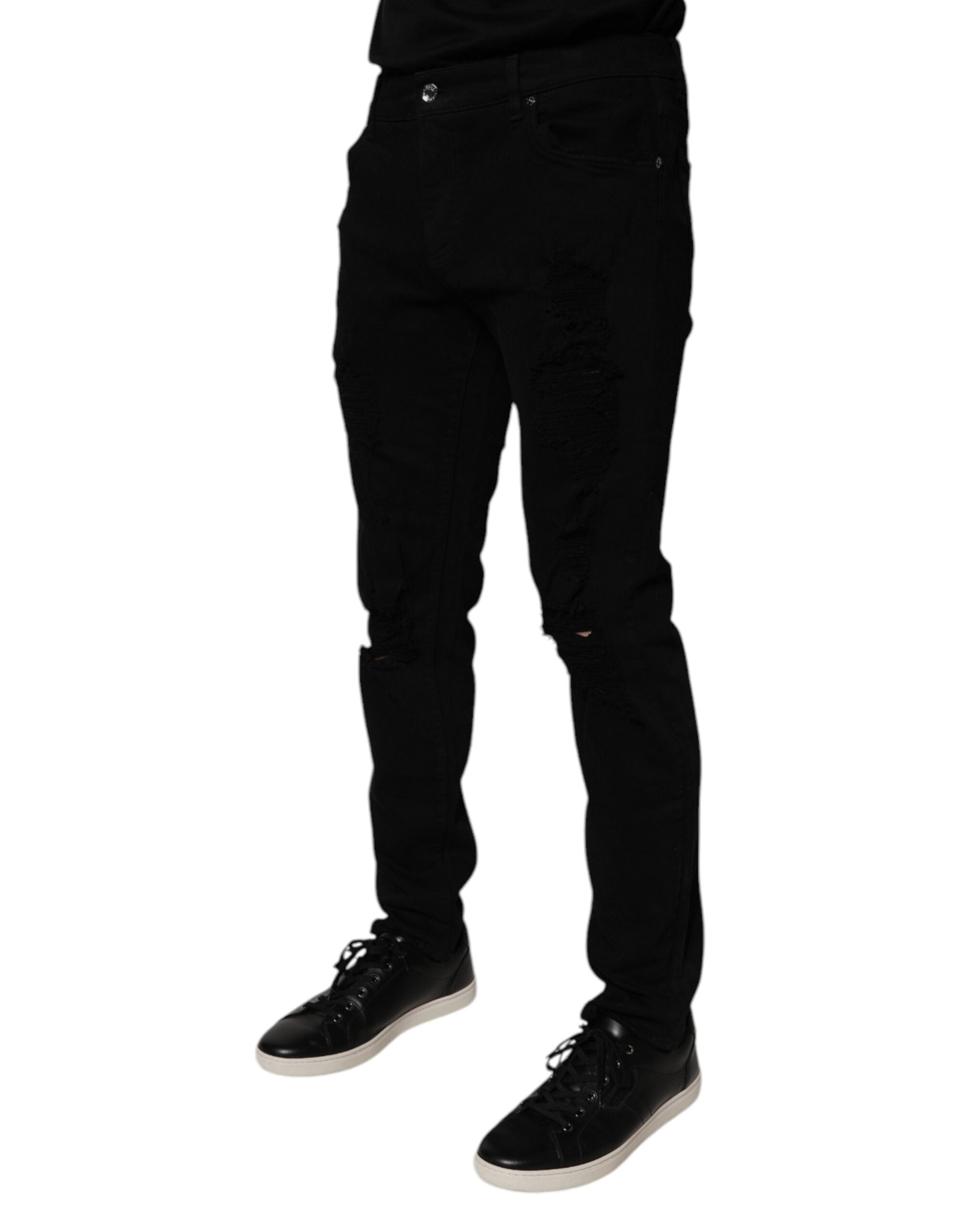 Dolce & Gabbana Black Tattered Cotton Skinny Men Denim Men's Jeans