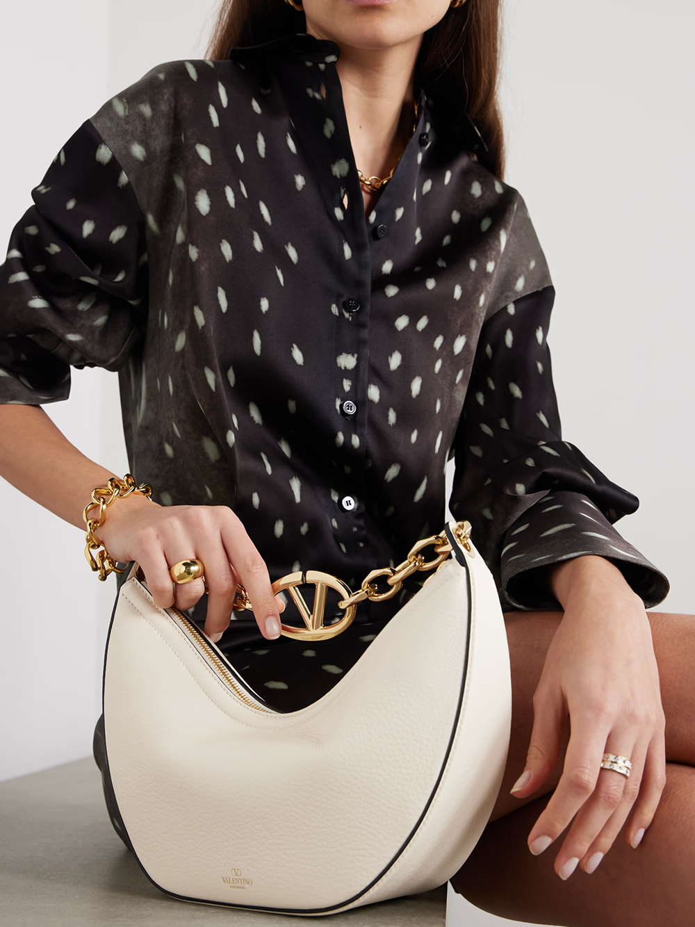 Valentino Garavani Ivory Leather Small Hobo Vlogo Shoulder Women's Bag
