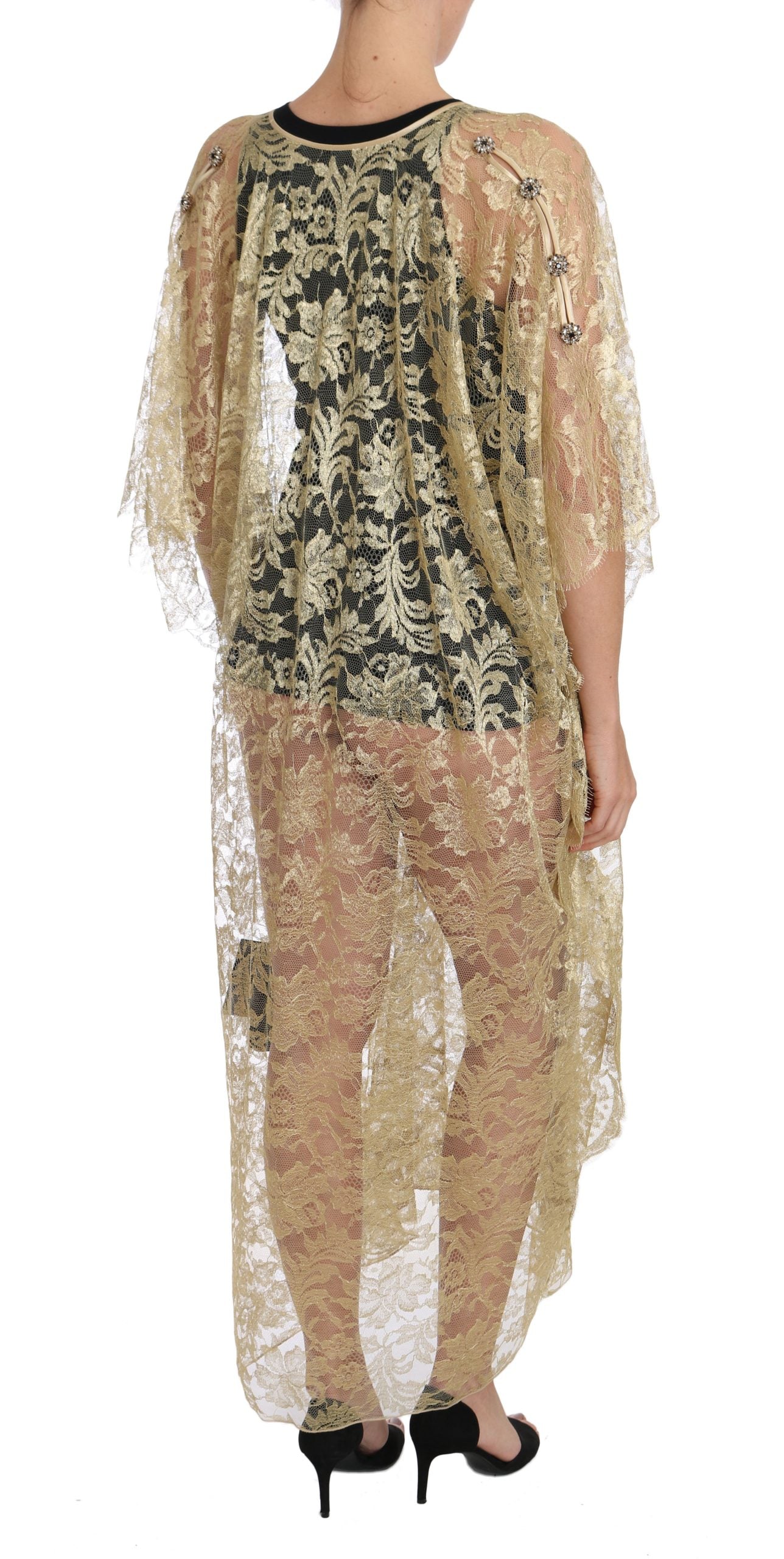Dolce & Gabbana Gold Floral Lace Crystal Gown Cape Women's Dress