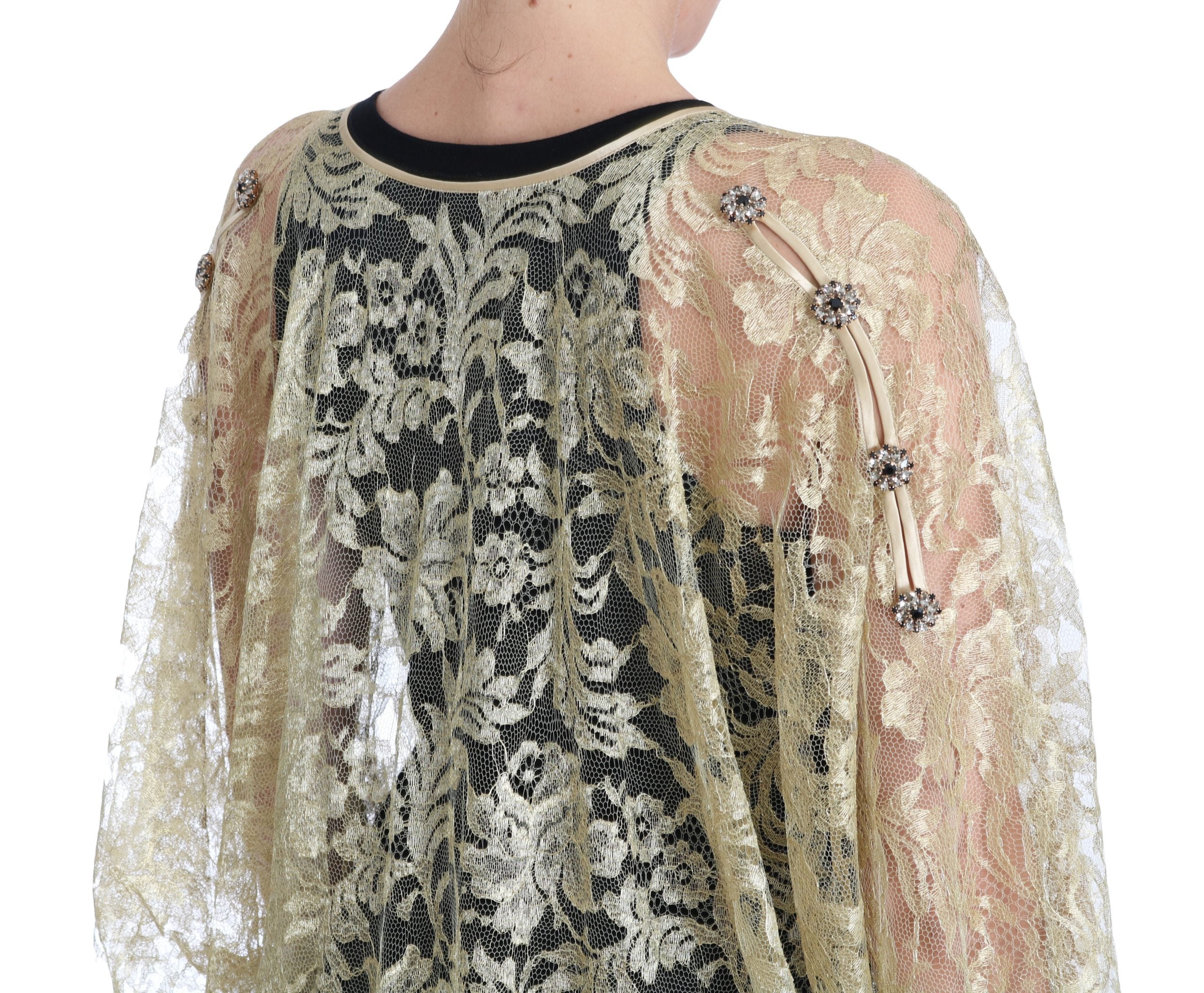 Dolce & Gabbana Gold Floral Lace Crystal Gown Cape Women's Dress