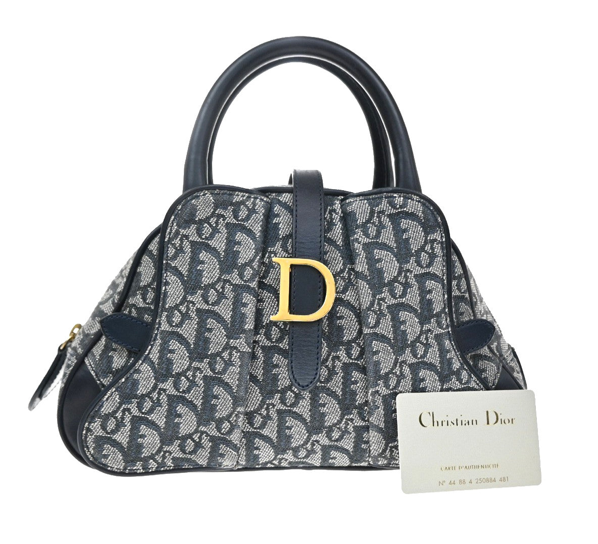 Christian Dior Vintage Saddle Bowler Diorissimo Canvas Navy Canvas Handbag (Pre-Owned)