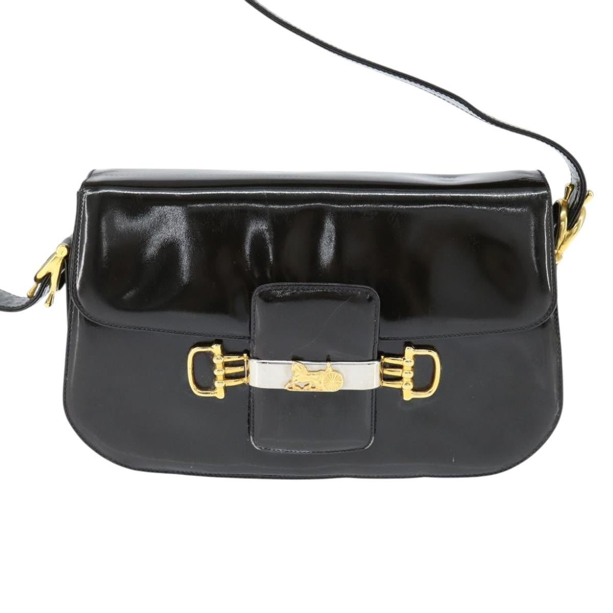 Celine Vintage Carriage Flap Clutch Leather Black Patent_Leather Shoulder Bag Bag (Pre-Owned)