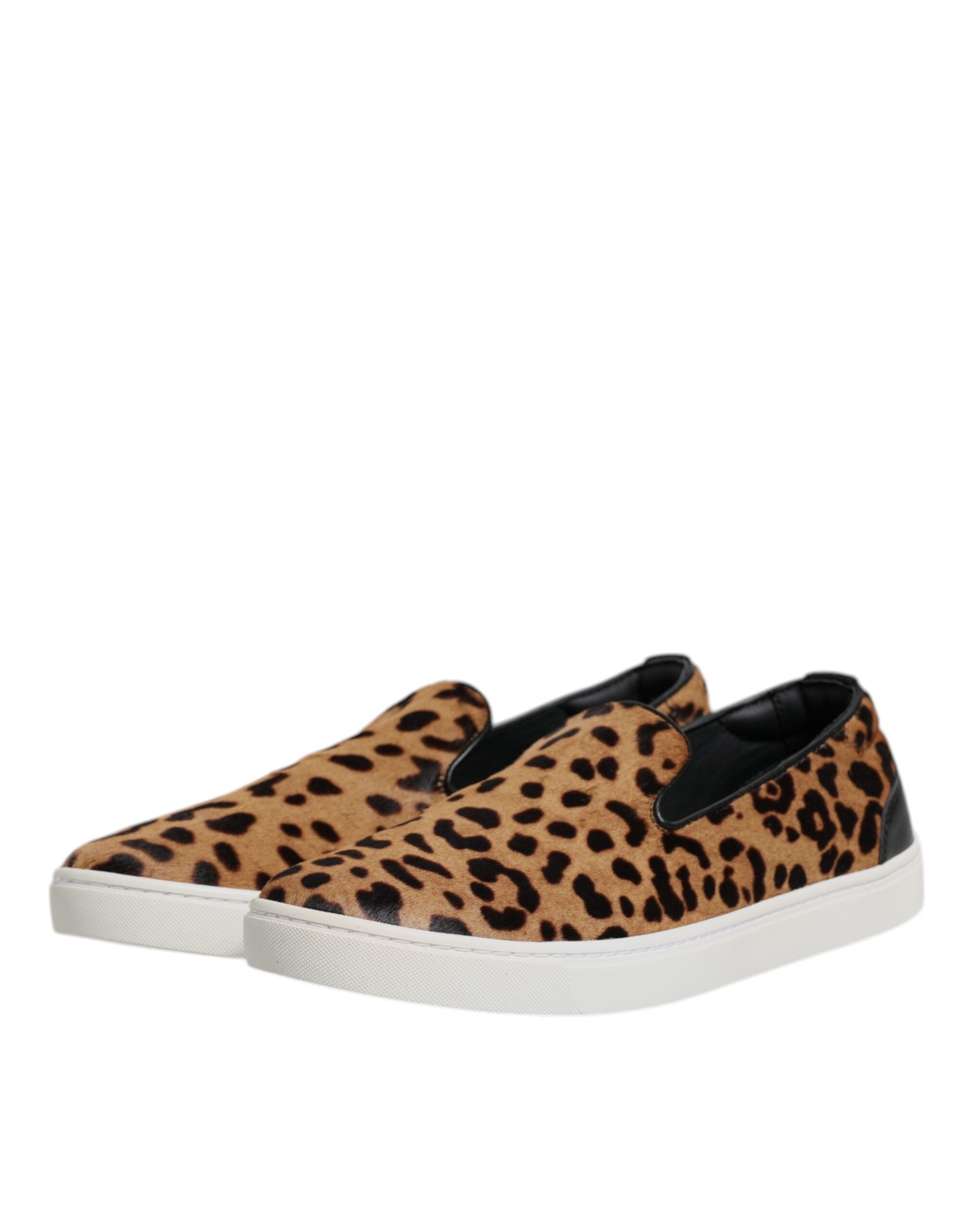 Dolce & Gabbana Brown Calfskin Fur Leopard Sneakers Men's Shoes