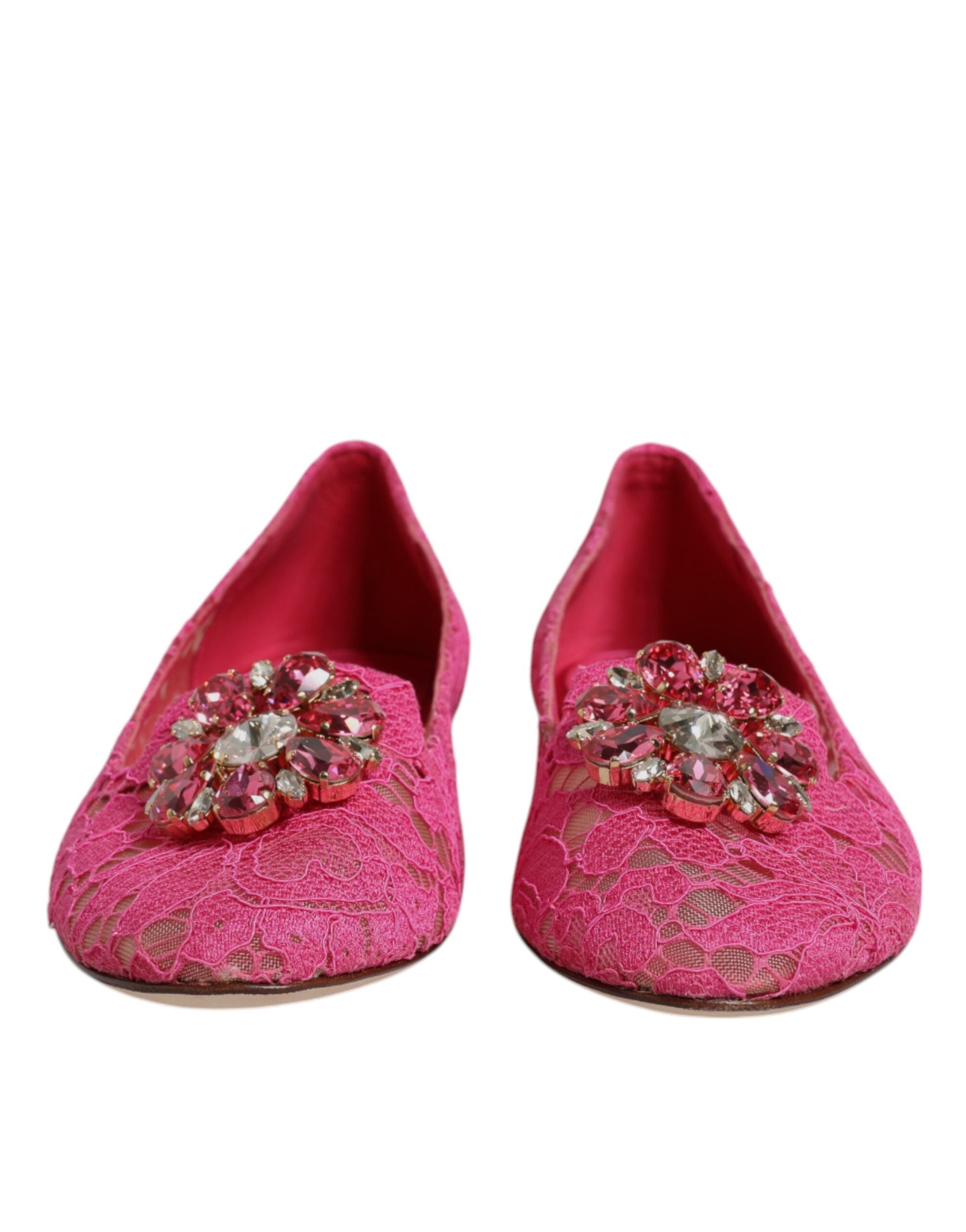 Dolce & Gabbana Fuchsia Crystal Loafer Lace Ballet Flats Women's Shoes