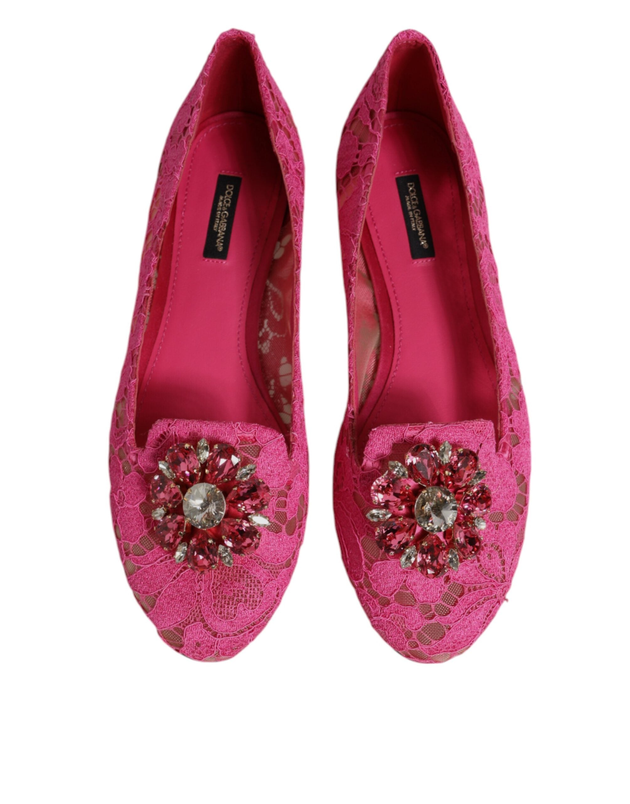 Dolce & Gabbana Fuchsia Crystal Loafer Lace Ballet Flats Women's Shoes