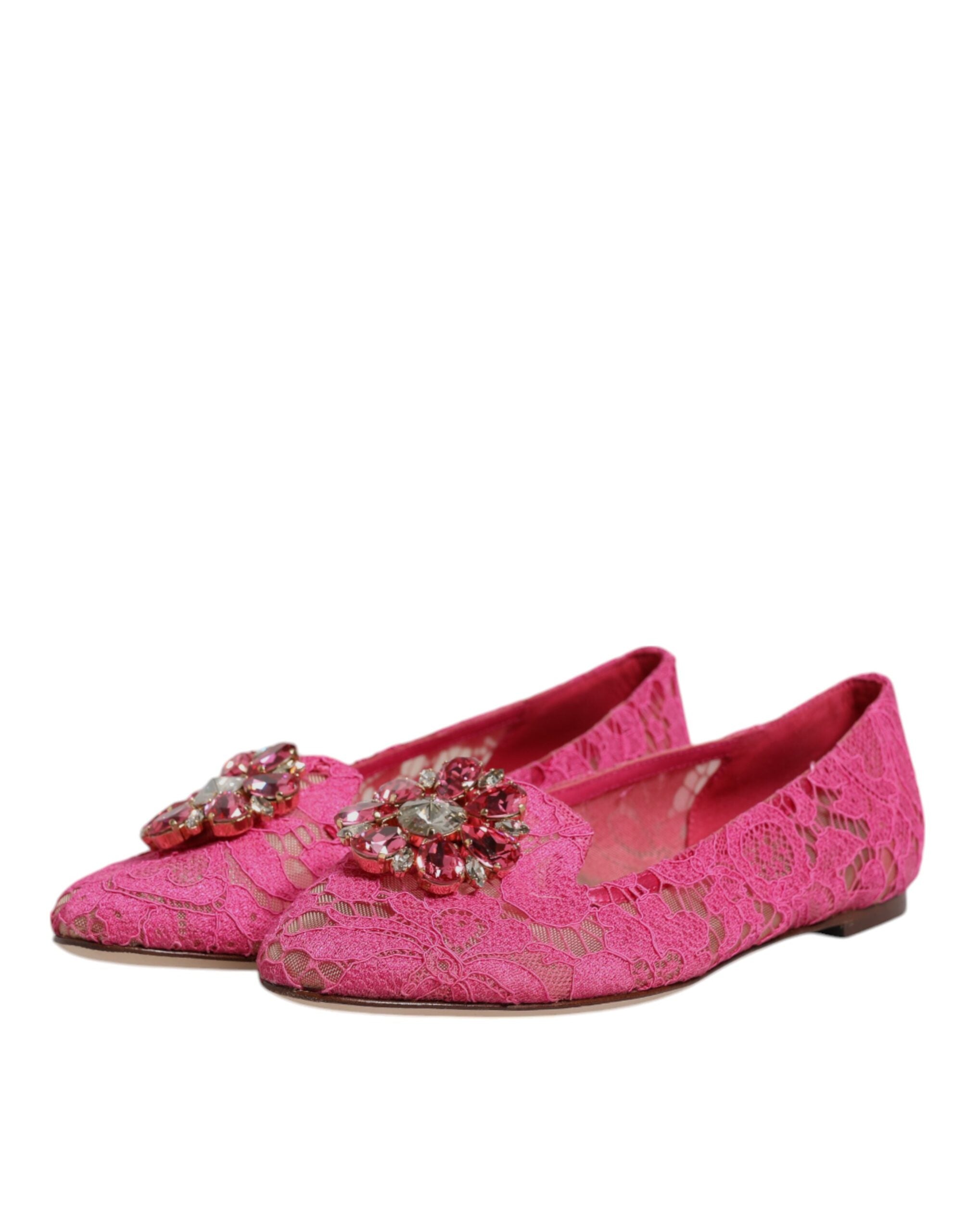 Dolce & Gabbana Fuchsia Crystal Loafer Lace Ballet Flats Women's Shoes