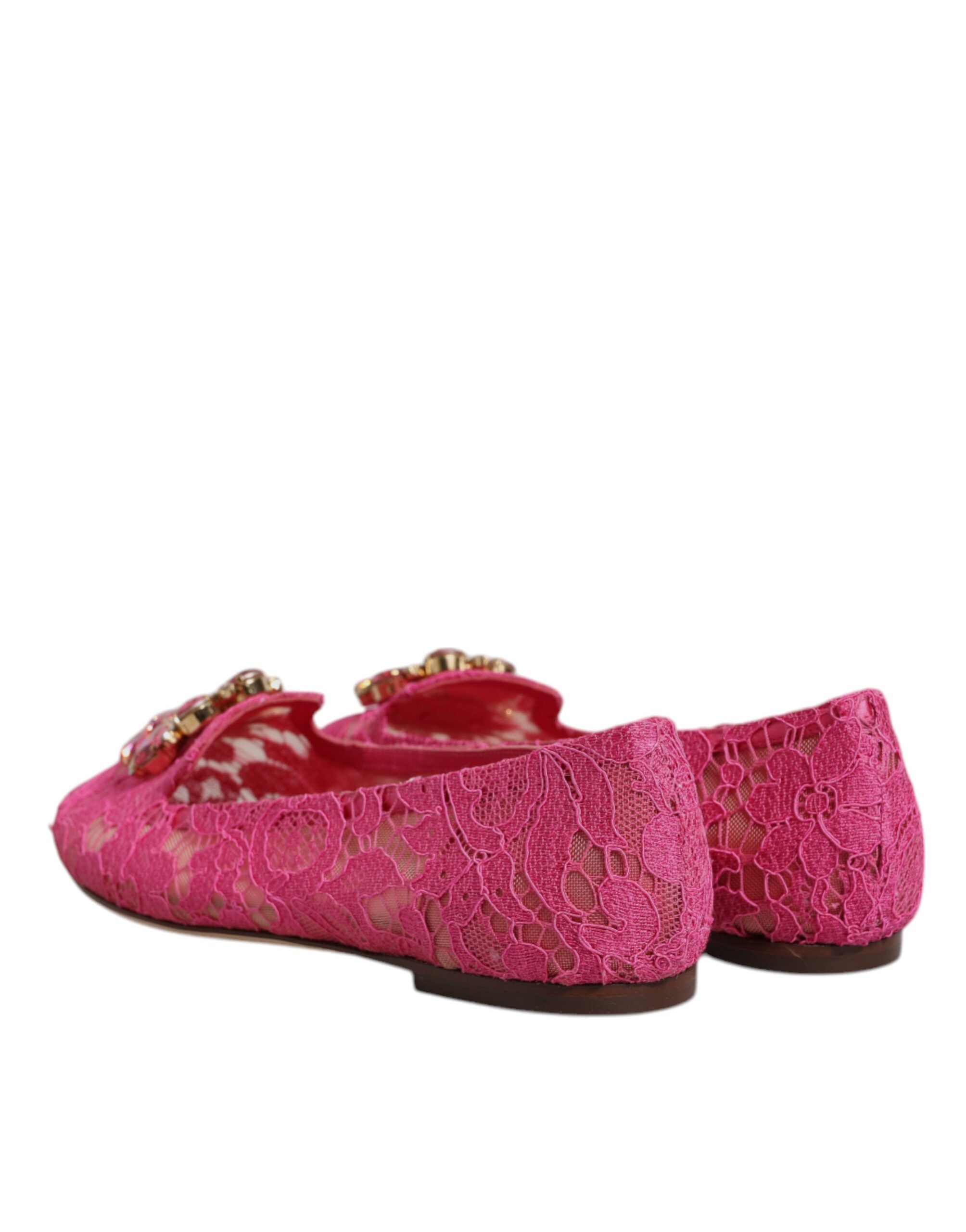Dolce & Gabbana Fuchsia Crystal Loafer Lace Ballet Flats Women's Shoes