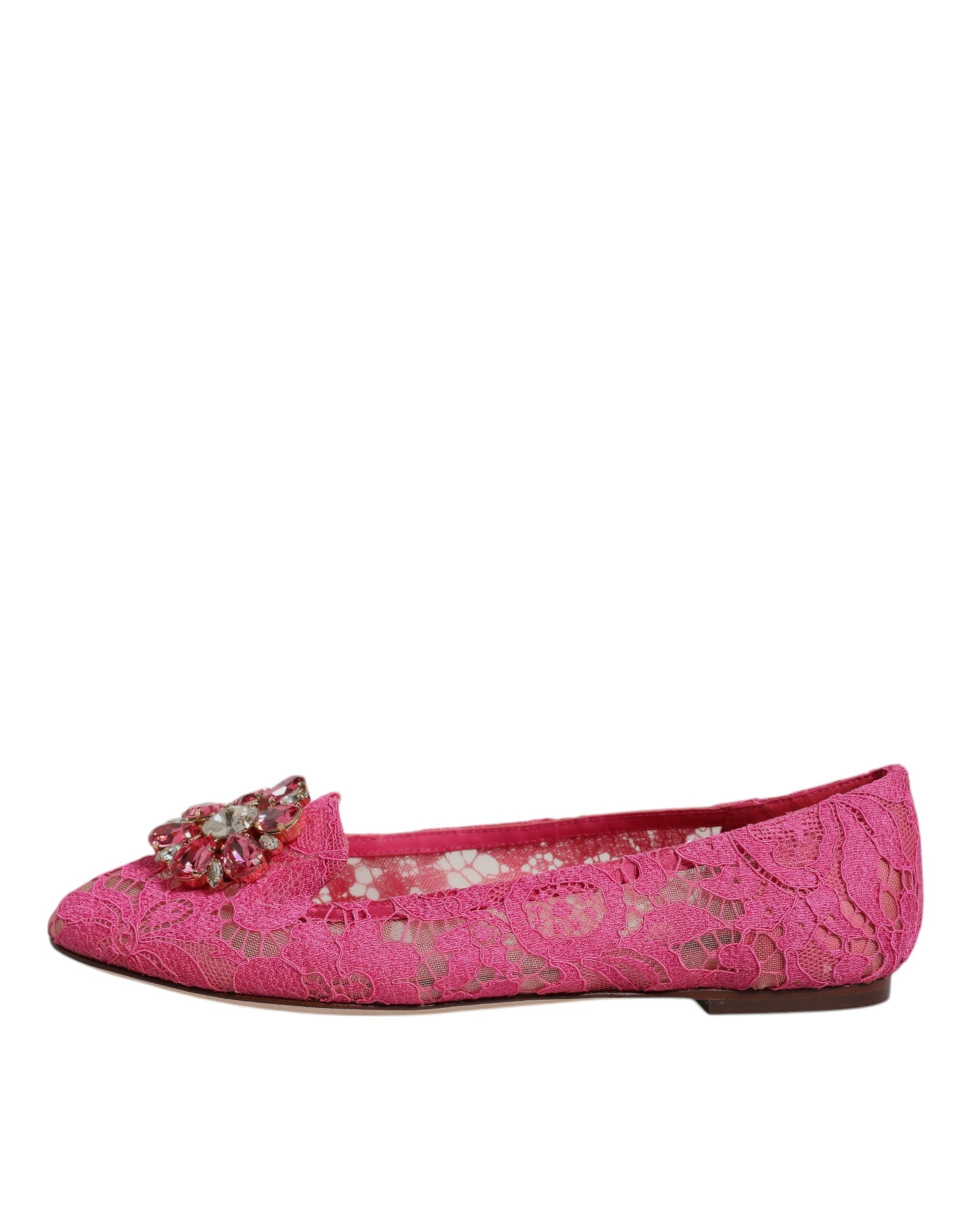 Dolce & Gabbana Fuchsia Crystal Loafer Lace Ballet Flats Women's Shoes