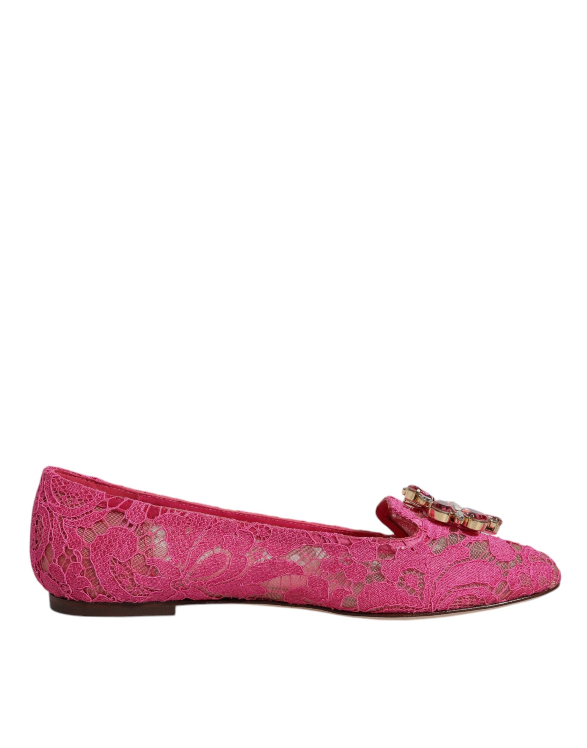 Dolce & Gabbana Fuchsia Crystal Loafer Lace Ballet Flats Women's Shoes