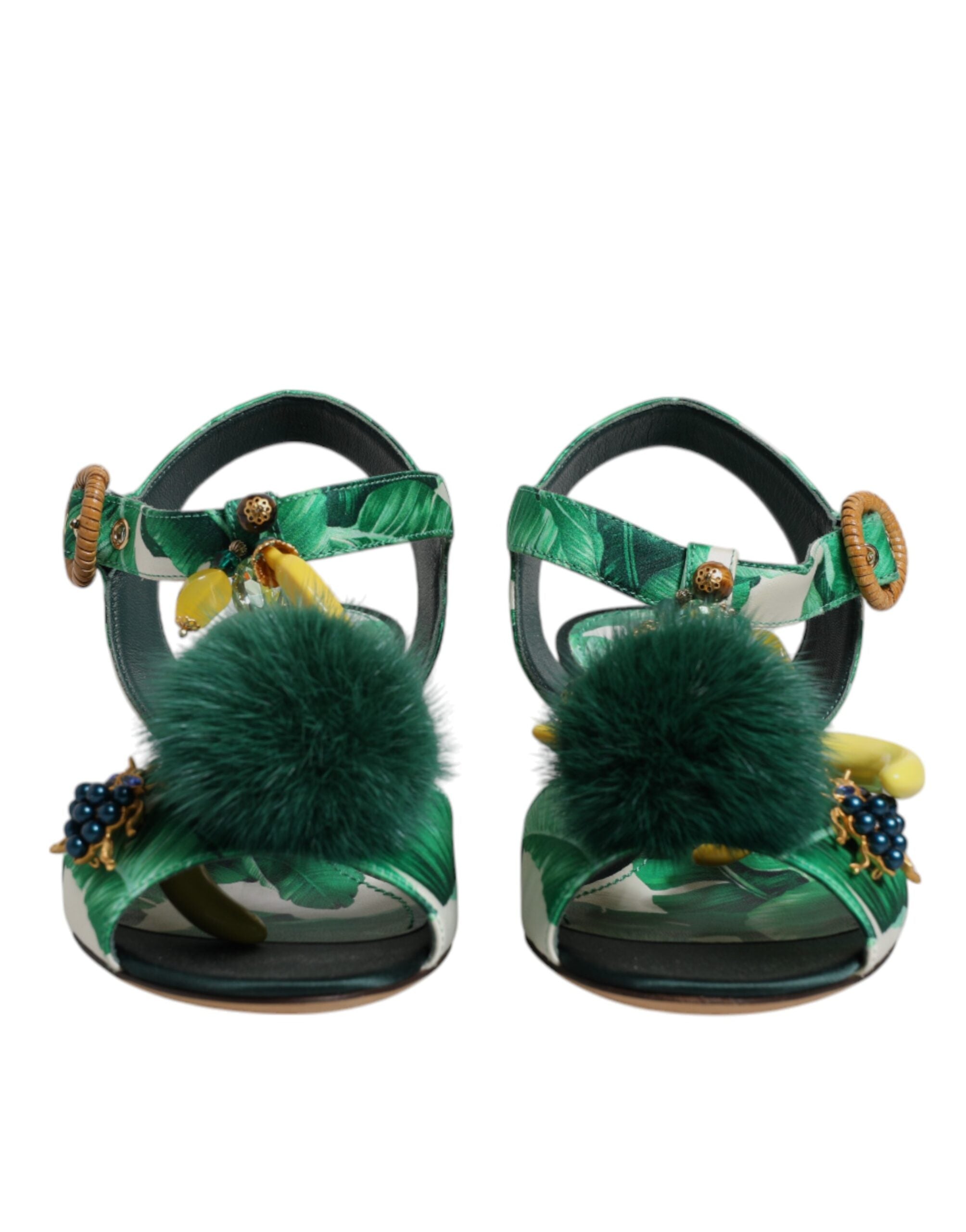 Dolce & Gabbana Green Crystal Fur Embellished Sandals Women's Shoes