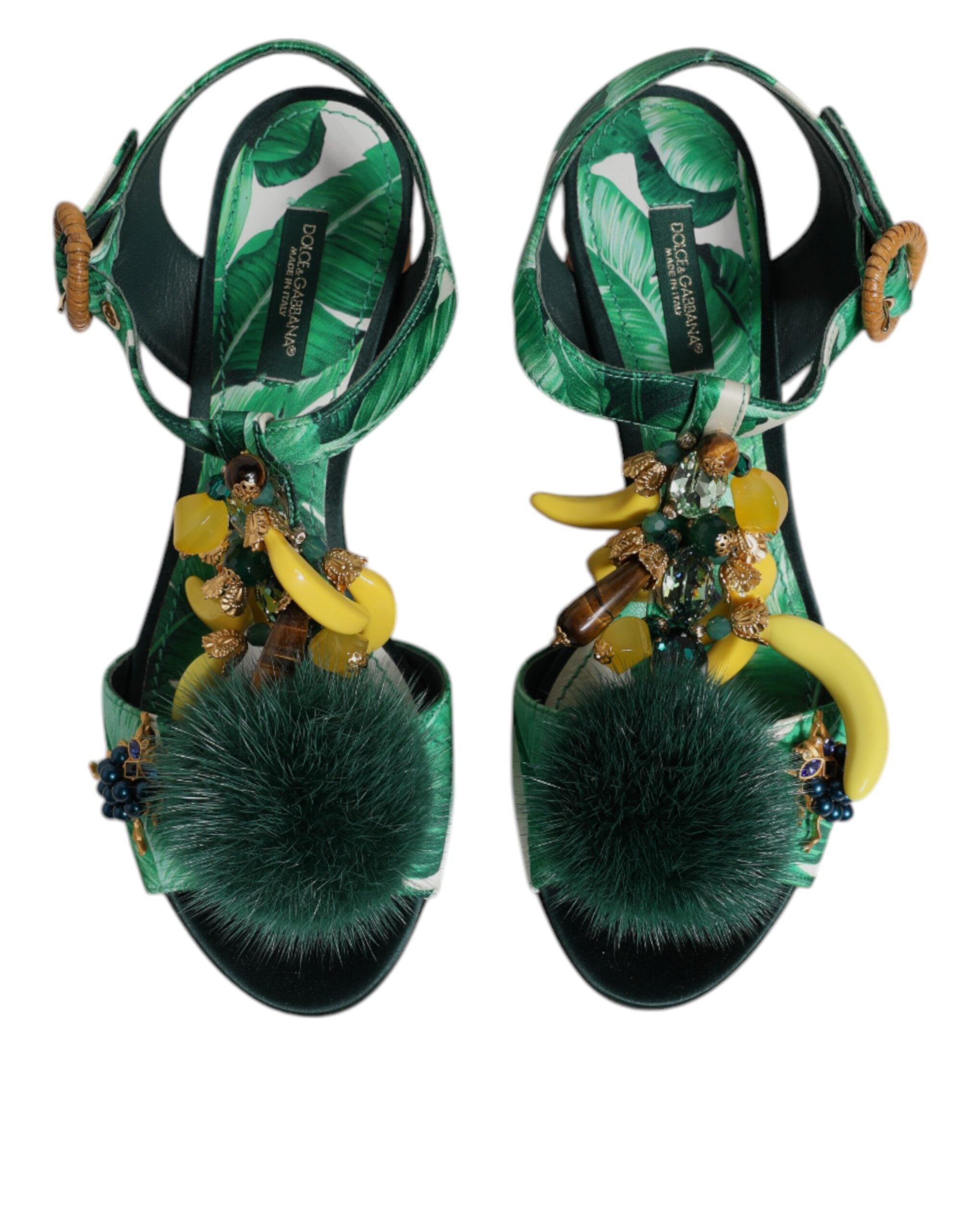 Dolce & Gabbana Green Crystal Fur Embellished Sandals Women's Shoes