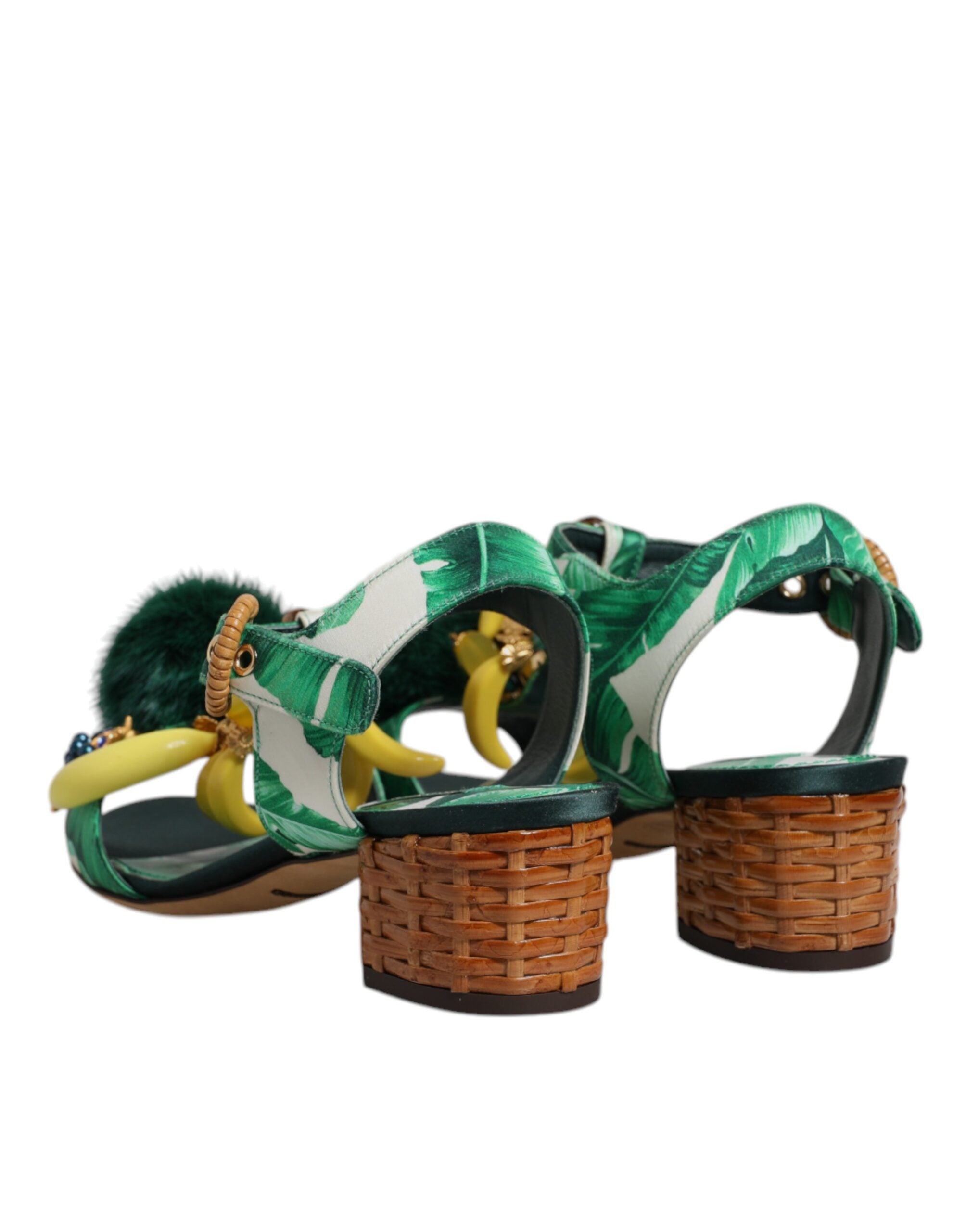 Dolce & Gabbana Green Crystal Fur Embellished Sandals Women's Shoes