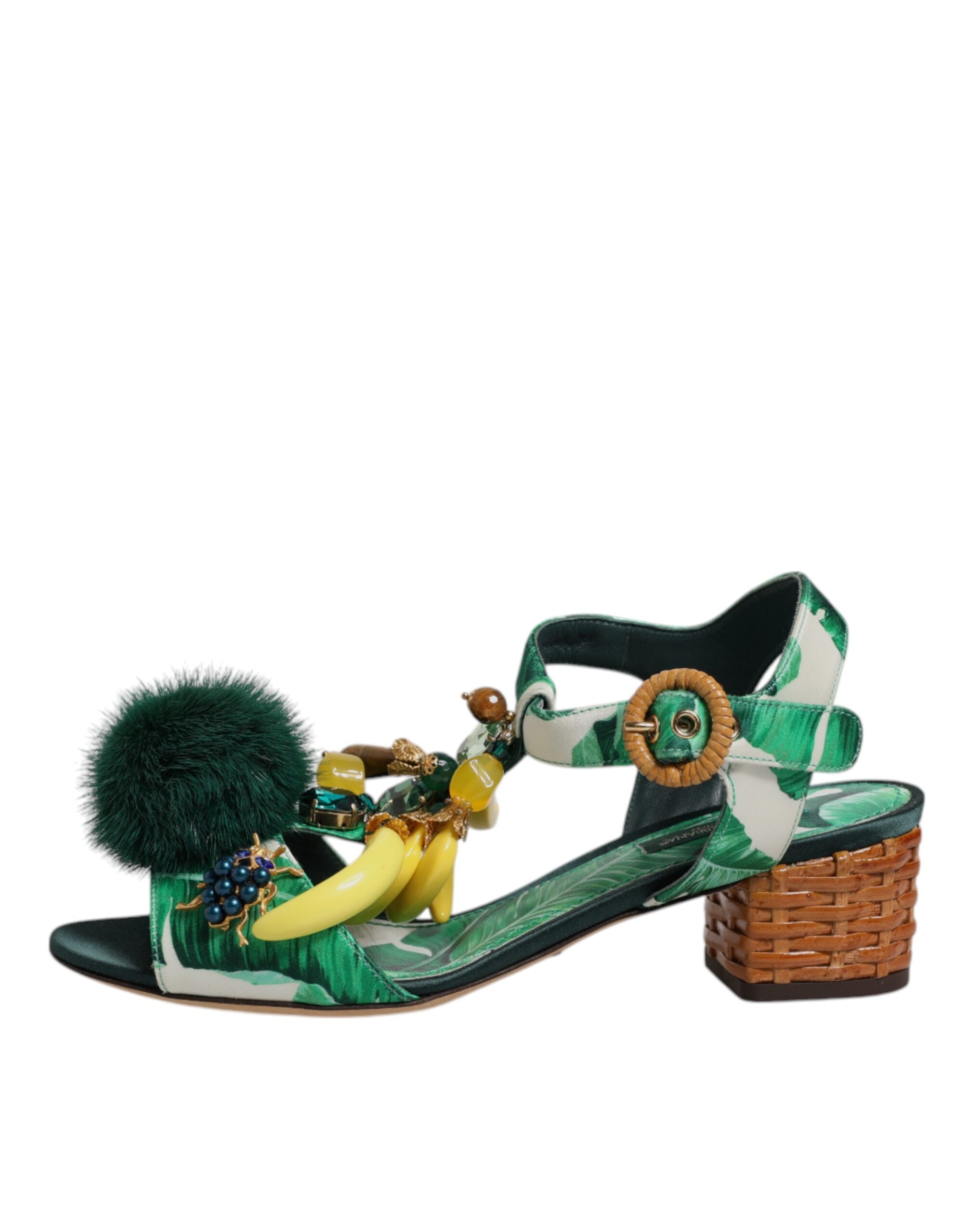 Dolce & Gabbana Green Crystal Fur Embellished Sandals Women's Shoes