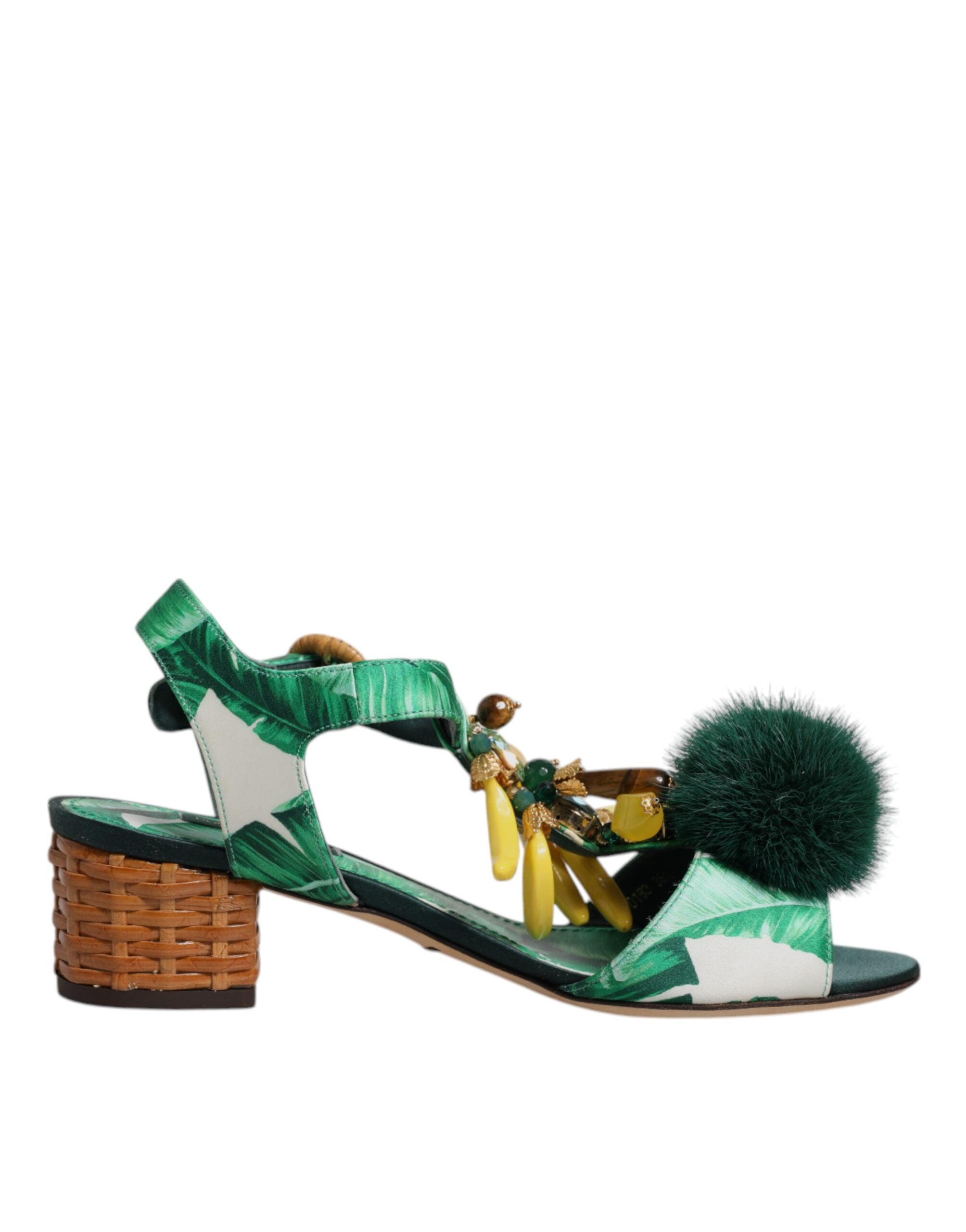 Dolce & Gabbana Green Crystal Fur Embellished Sandals Women's Shoes