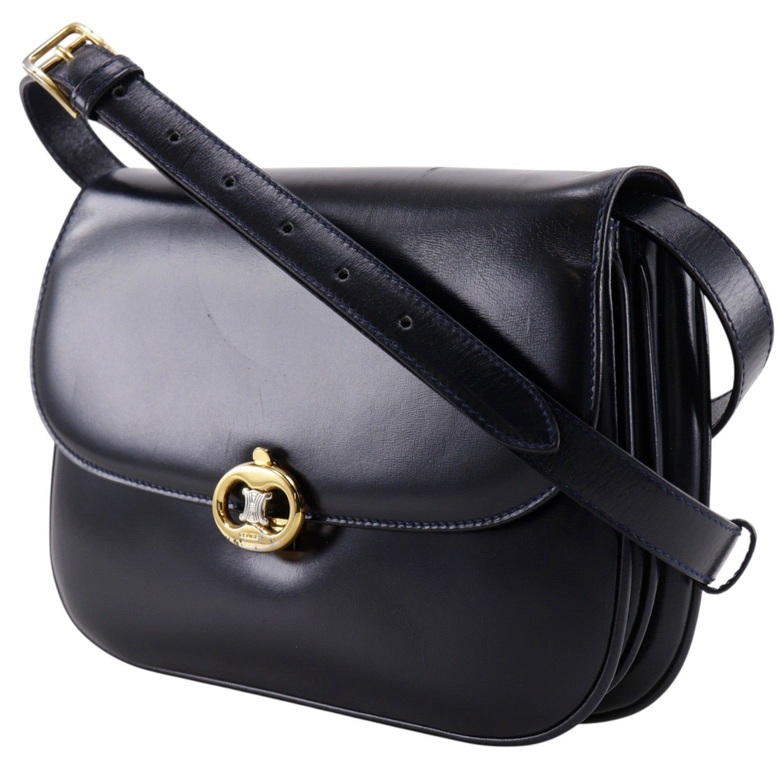Celine Vintage Triomphe Flap Leather Black Calfskin Shoulder Bag Bag (Pre-Owned)
